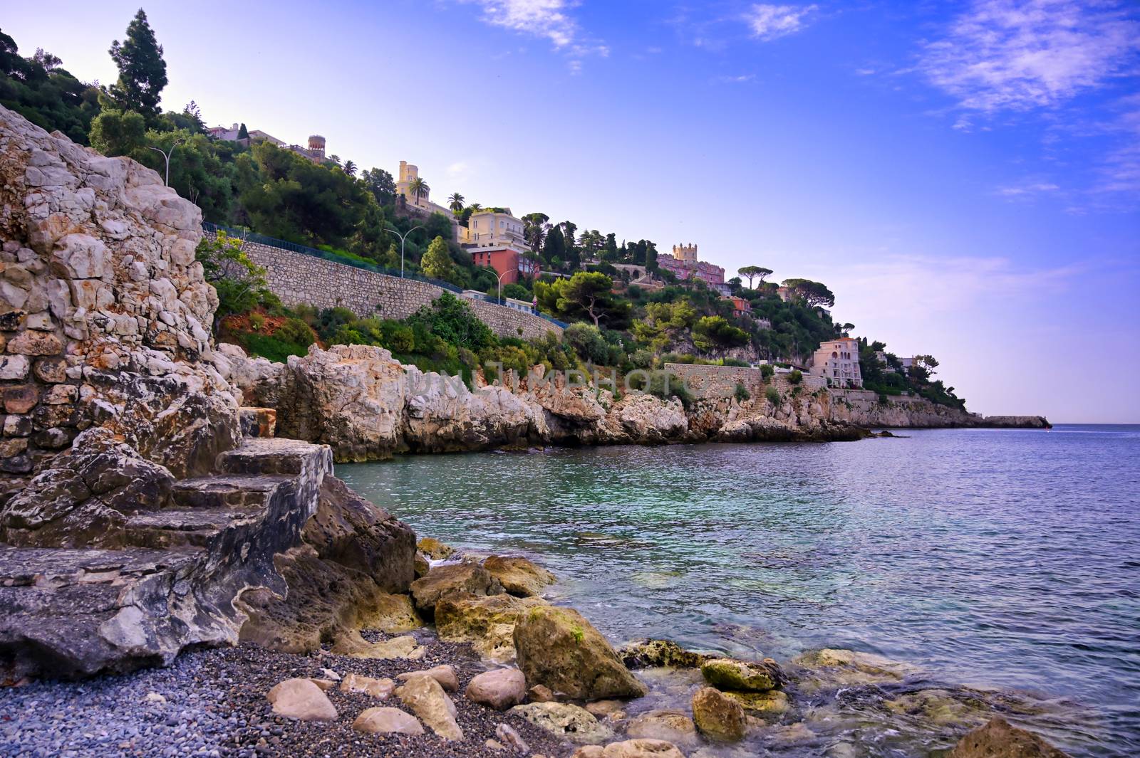 The coastline on the Mediterranean Sea at Nice, France along the French Riviera.