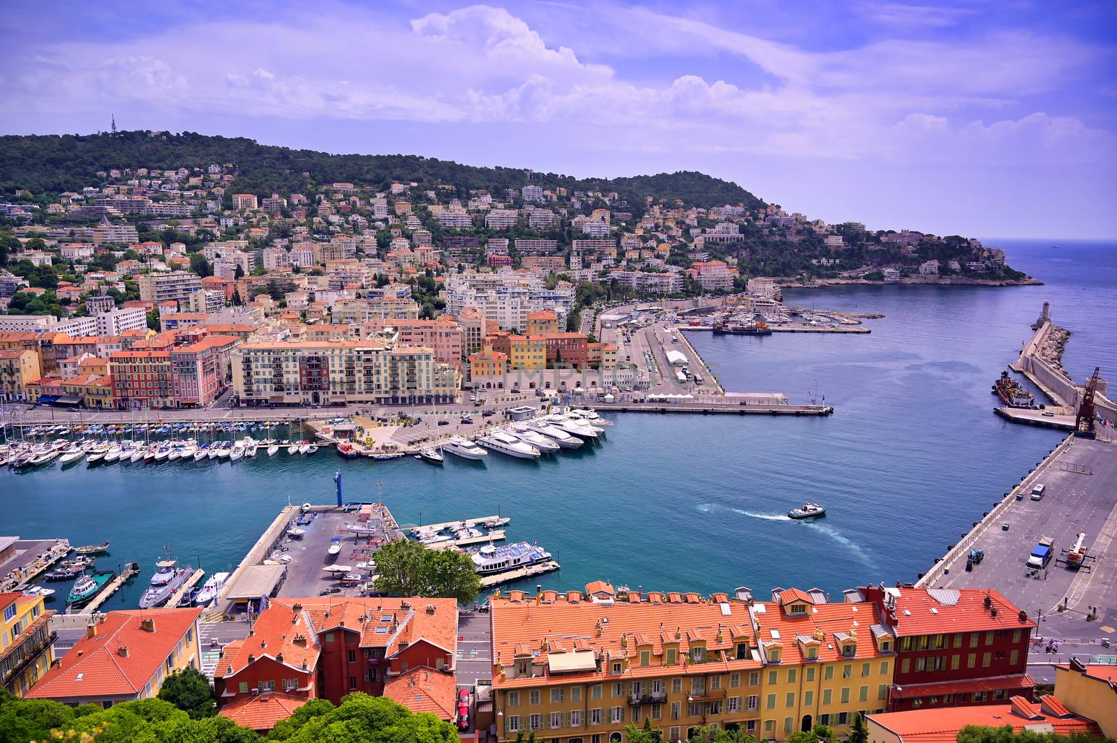 An aerial view of the Port of Nice on the Mediterranean Sea at Nice, France along the French Riviera.