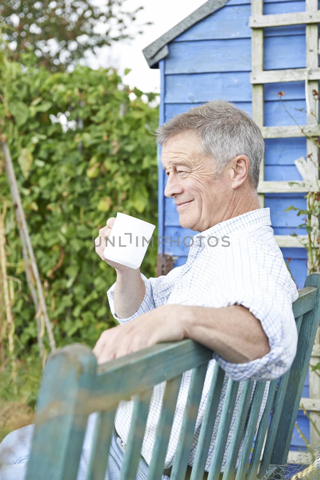 Senior Man Relaxing In Garden With Cup Of Coffee