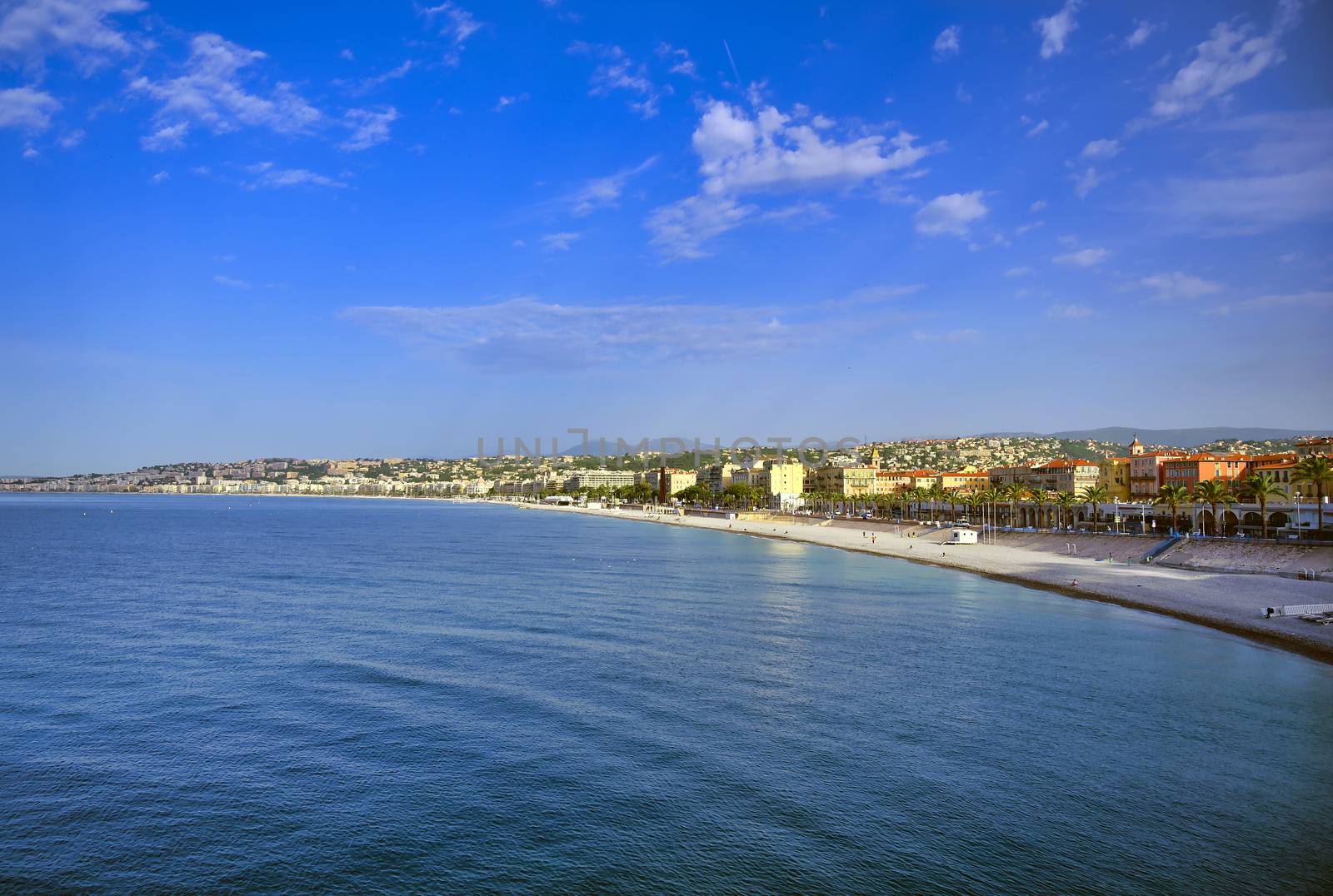 The Promenade des Anglais on the Mediterranean Sea at Nice, France along the French Riviera.