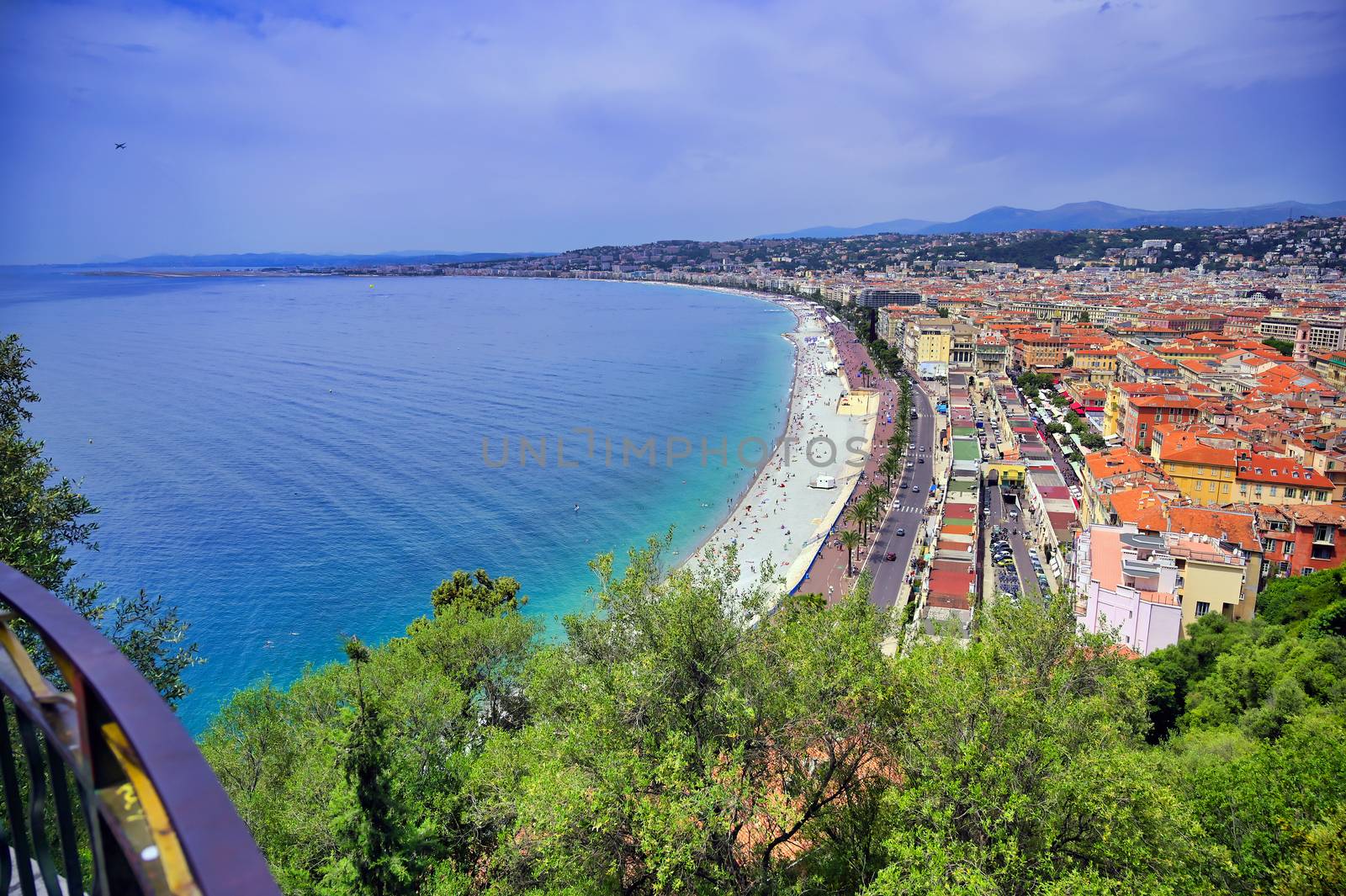 The Promenade des Anglais on the Mediterranean Sea at Nice, France along the French Riviera.