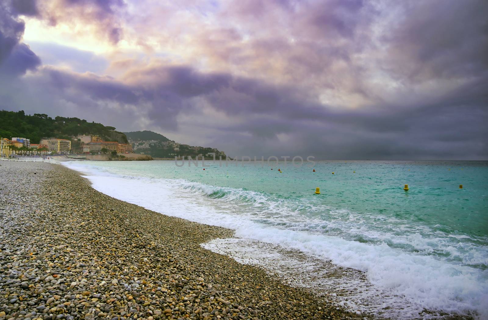 The Promenade des Anglais on the Mediterranean Sea at Nice, France along the French Riviera.