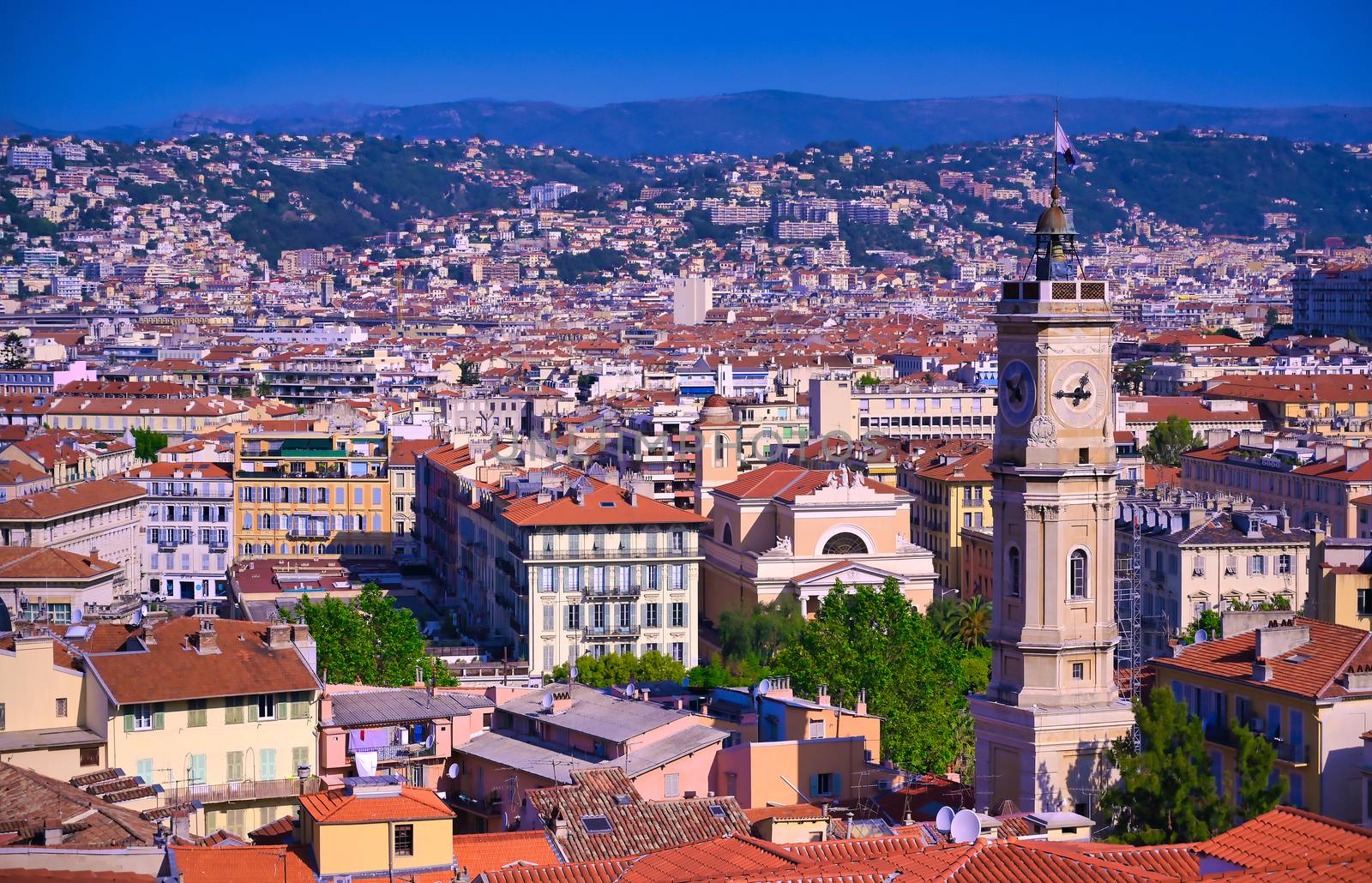 An aerial view of Nice, France along the French Riviera.