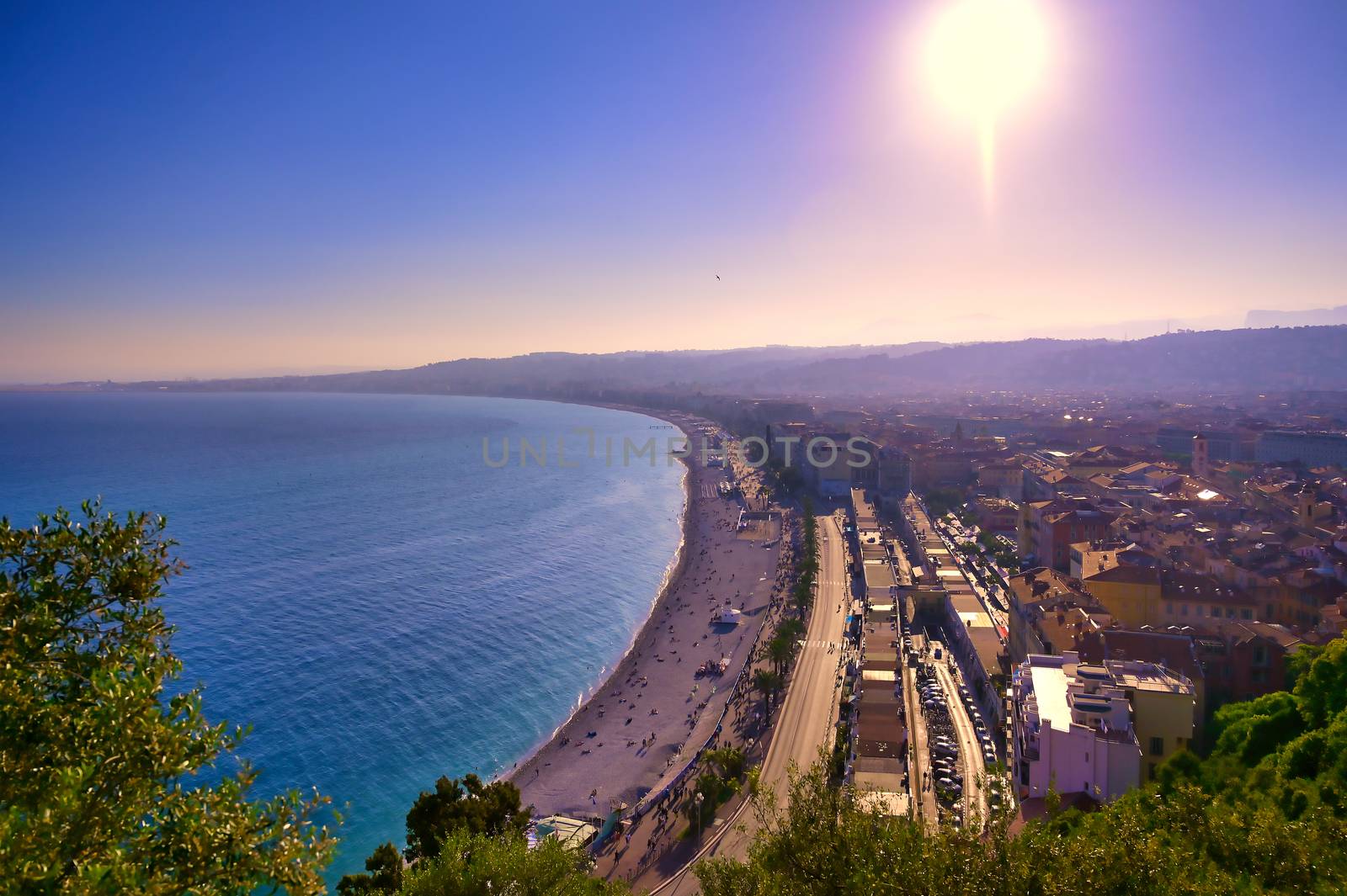 The Promenade des Anglais on the Mediterranean Sea at Nice, France along the French Riviera.