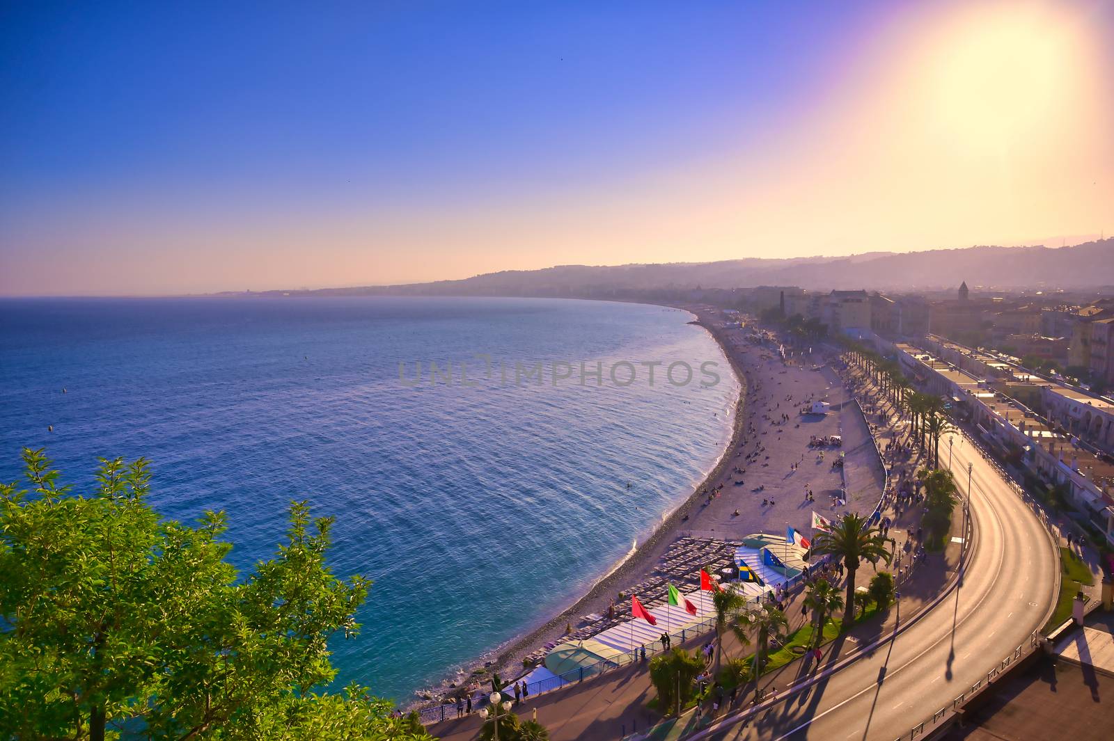 The Promenade des Anglais on the Mediterranean Sea at Nice, France along the French Riviera.