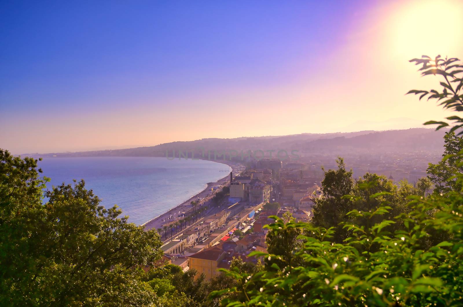 The Promenade des Anglais on the Mediterranean Sea at Nice, France along the French Riviera.