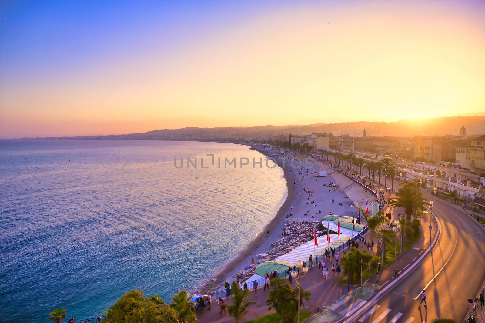 The Promenade des Anglais on the Mediterranean Sea at Nice, France along the French Riviera.