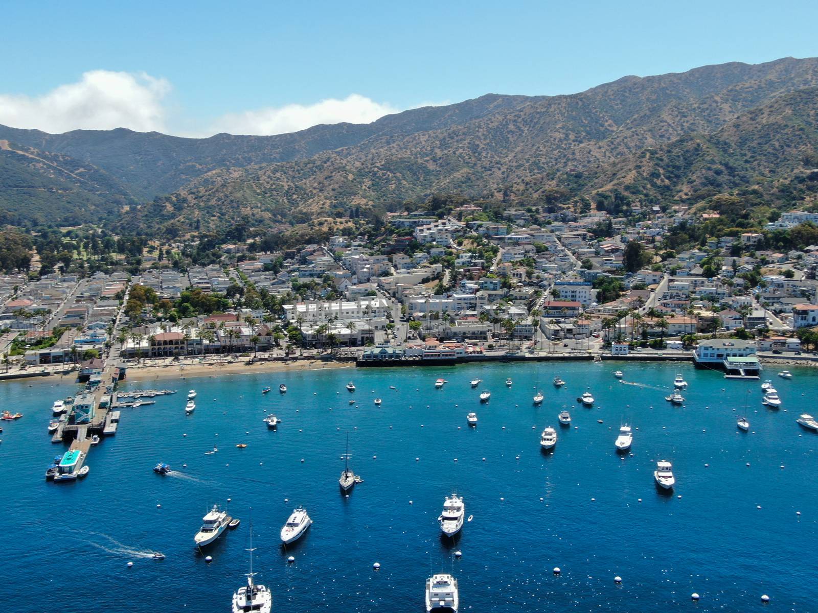 Aerial view of Avalon harbor in Santa Catalina Island with sailboats, fishing boats and yachts moored in calm bay, famous tourist attraction in Southern California, USA