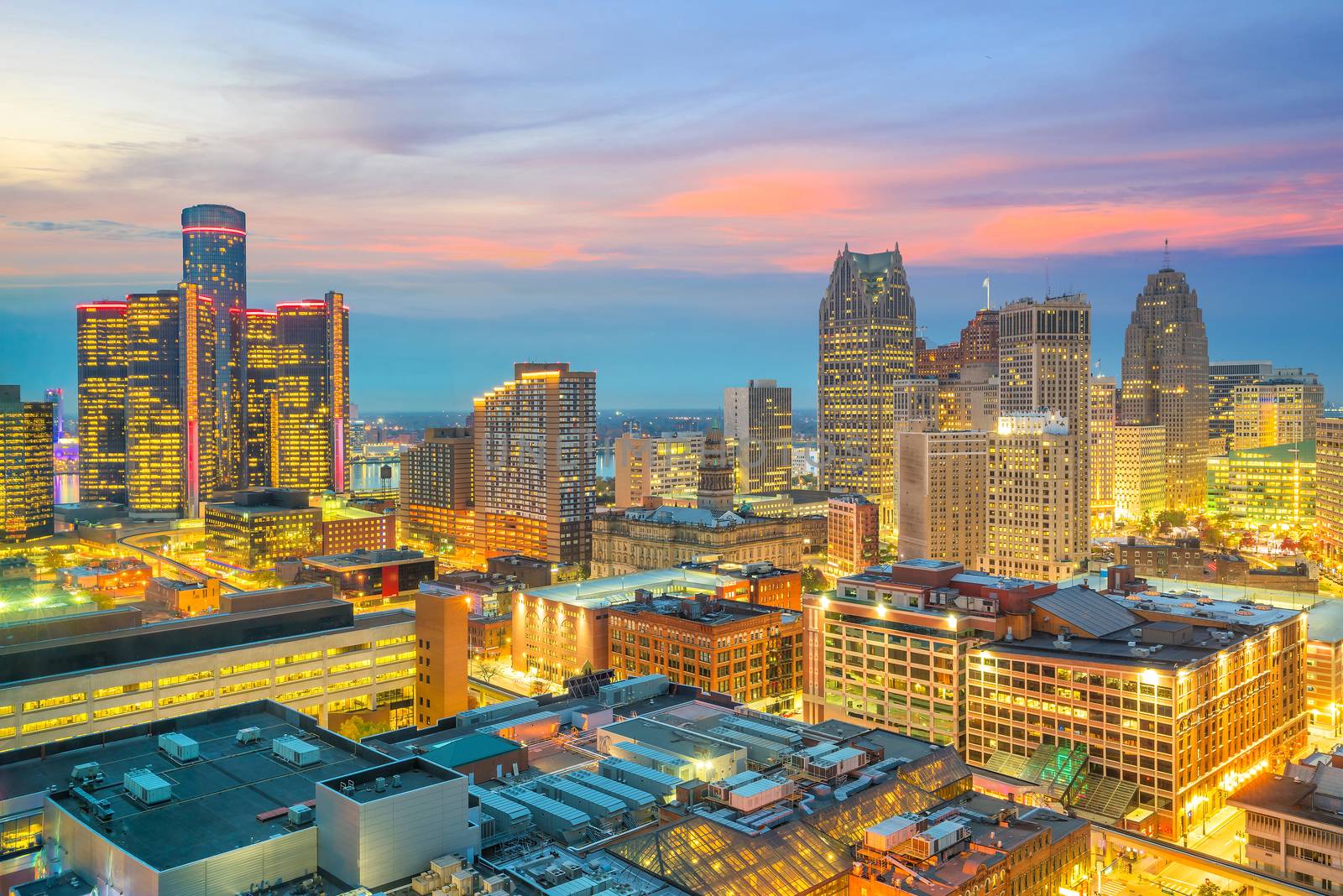 Aerial view of downtown Detroit at sunset in Michigan, USA