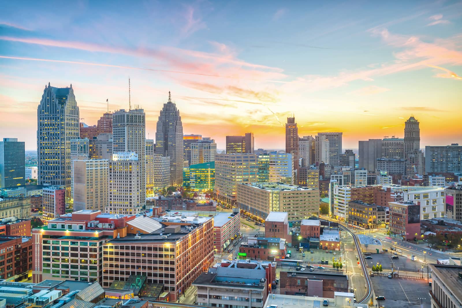 Aerial view of downtown Detroit at sunset in Michigan by f11photo
