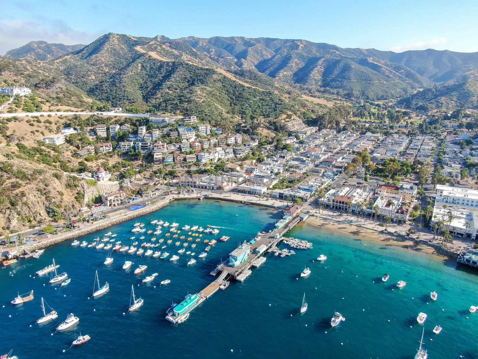 Aerial view of Avalon downtown and bay with boats in Santa Catalina Island, famous tourist attraction in Southern California, USA