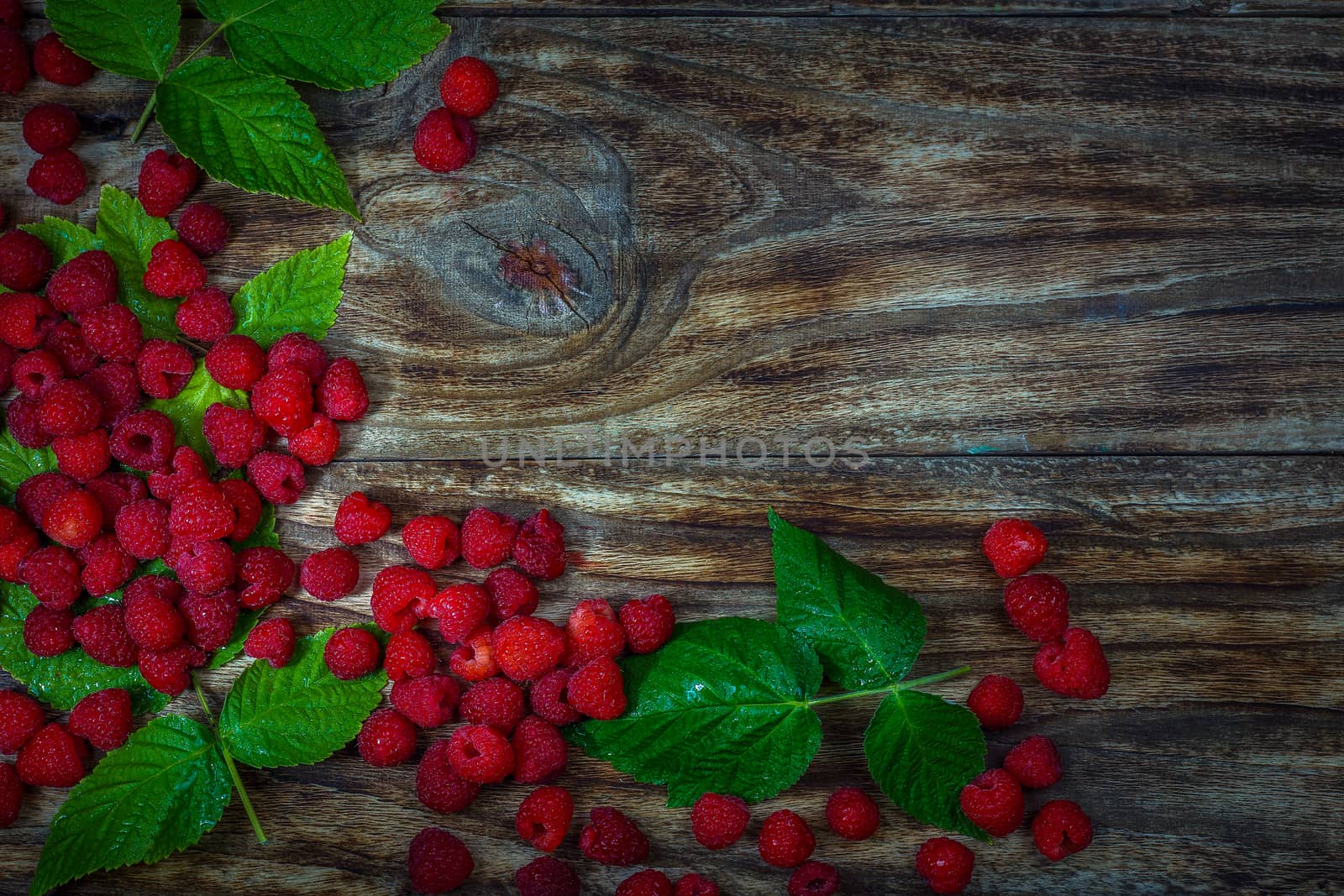 Red fresh raspberries on brown rustic wood background. Natural ripe organic berries with peduncles, green, top view, flat lay with copy space.