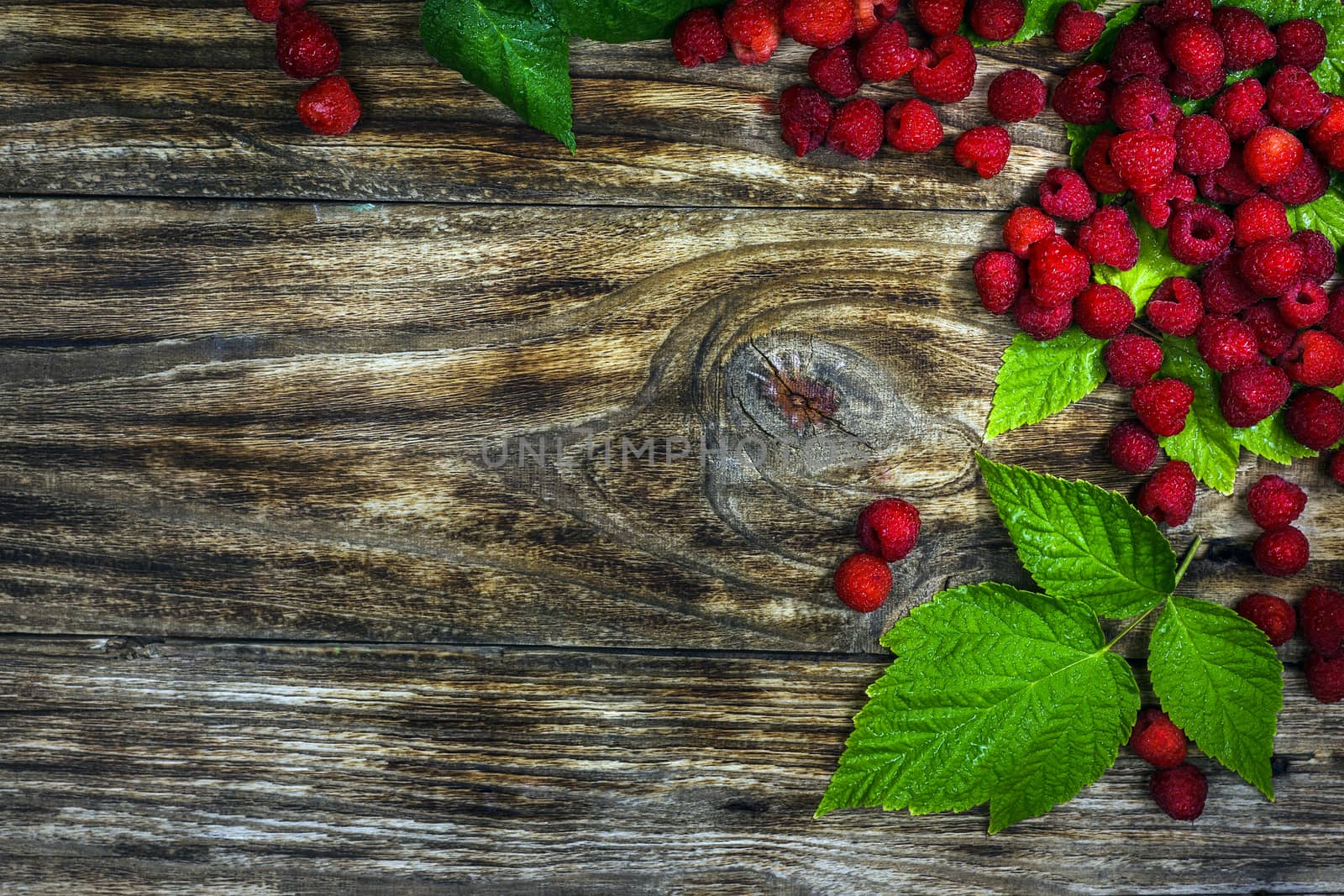 Fresh organic fruit - raspberry on wood background selective focus. Natural ripe organic berries with peduncles, green leaves, top view, flat lay with copy space.