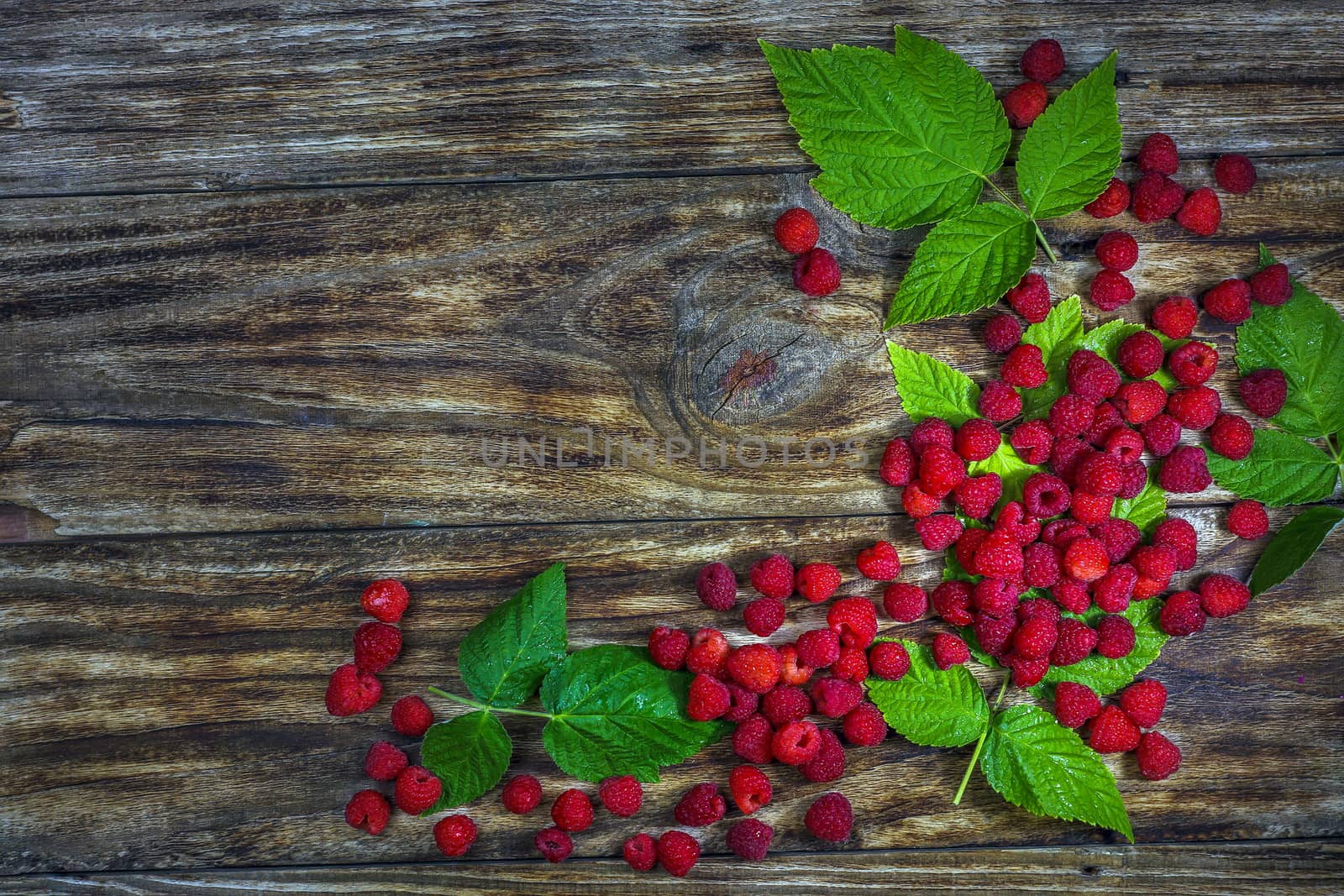 Fresh organic fruit - raspberry on wood background selective focus. Natural ripe organic berries with peduncles, green leaves, top view, flat lay with copy space.