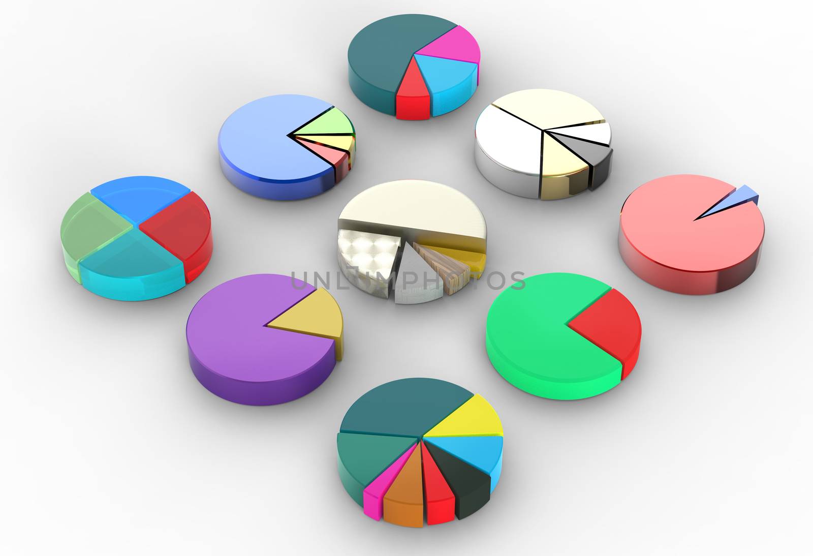set of different pie chart on isolated background