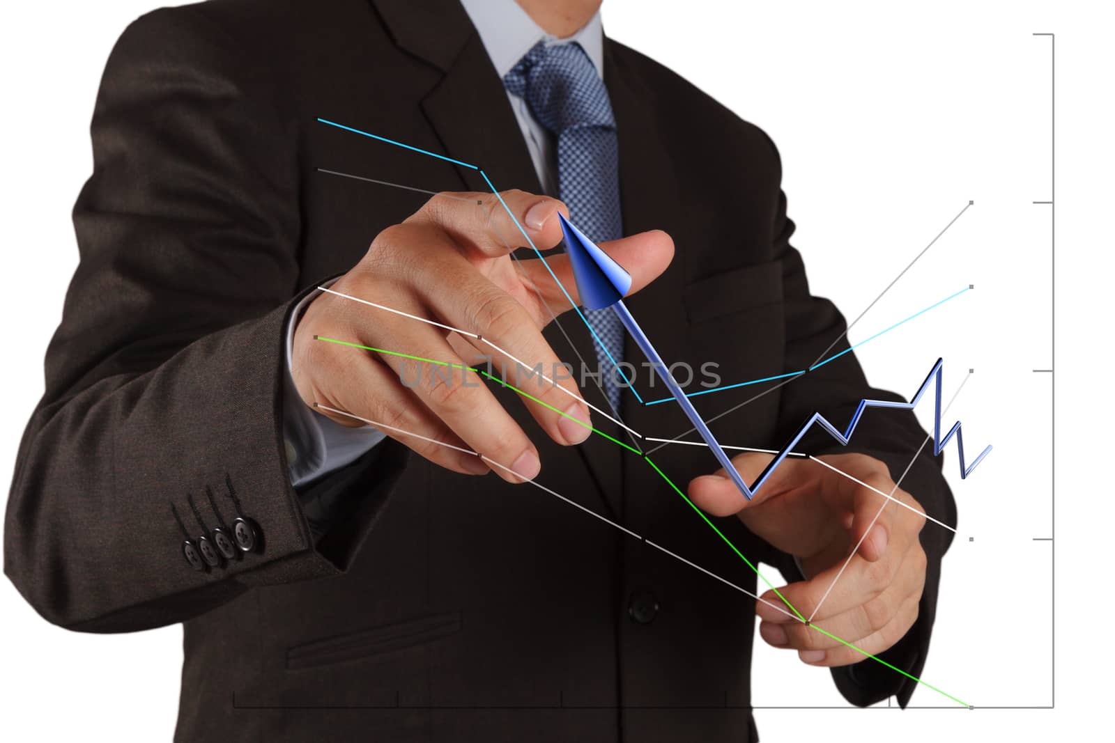 businessman hand pushing solution graph on a touch screen interface