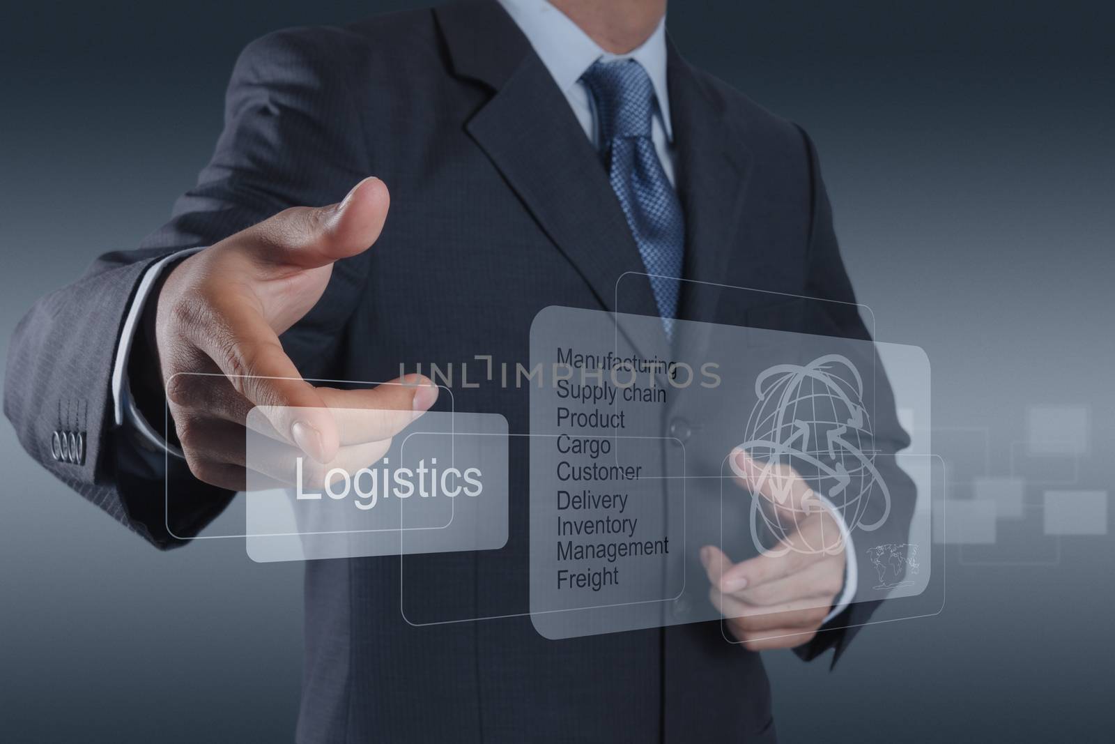 businessman hand shows logistics diagram as concept
