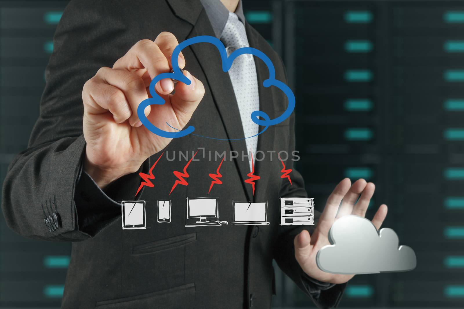 Businessman drawing a Cloud Computing diagram on the new computer interface