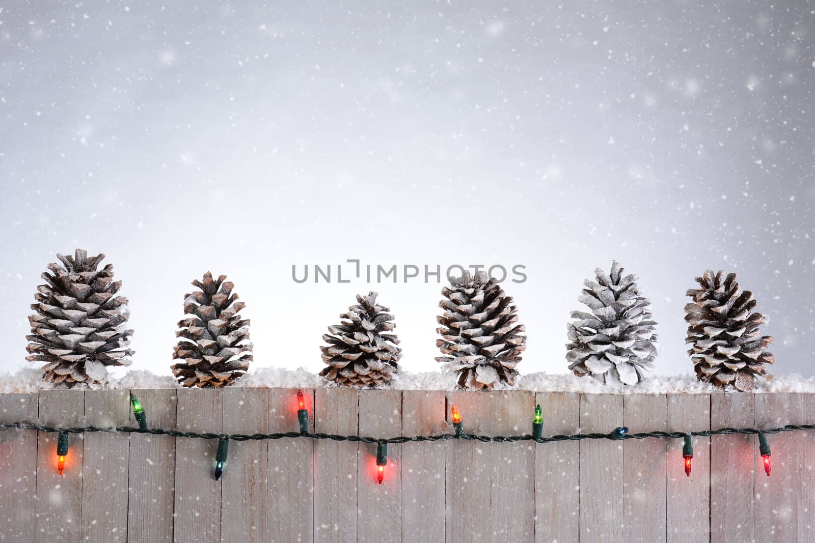 A rustic wood fence with pine cones lined up on top. Christmas lights and snow flakes round out the holiday scene. 
