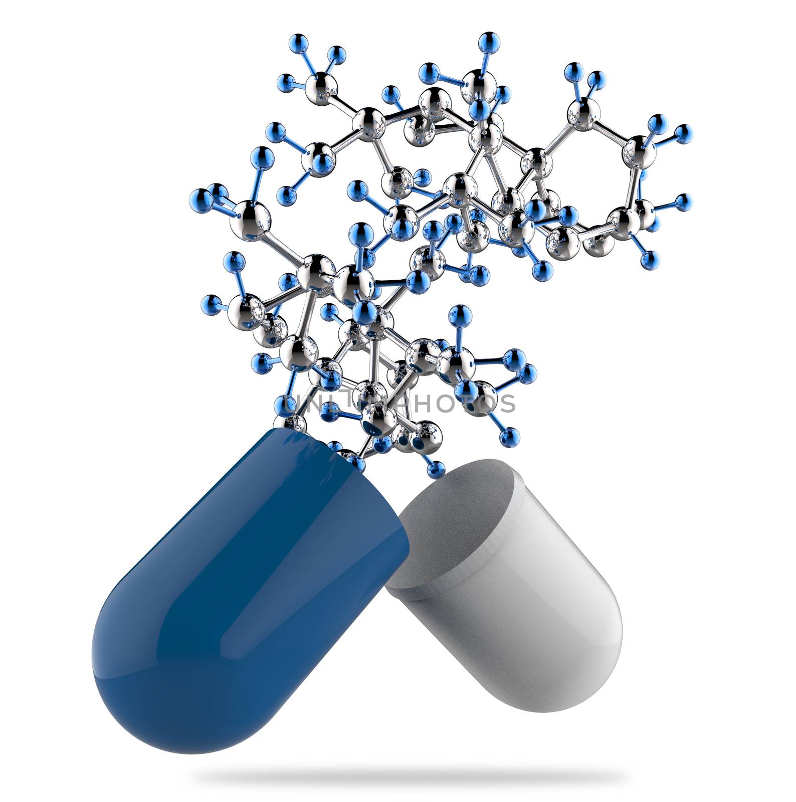 Stethoscope in hand with capsule pill and molecule as medical concept