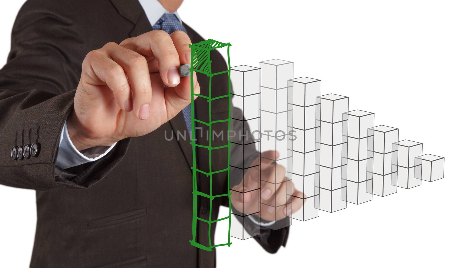 businessman hand drawing a pie chart and 3d graph