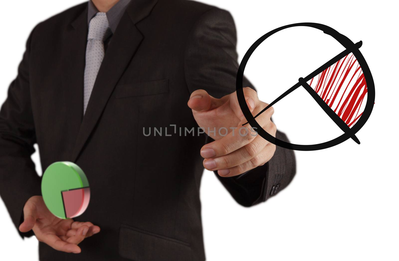 businessman hand drawing a pie chart and 3d graph