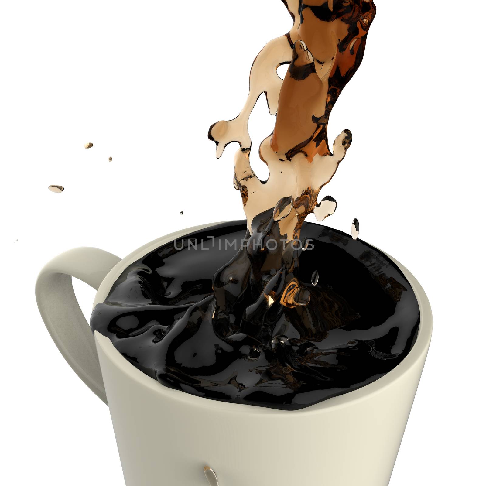 pouring coffee splashing into red mug. 3d on white background