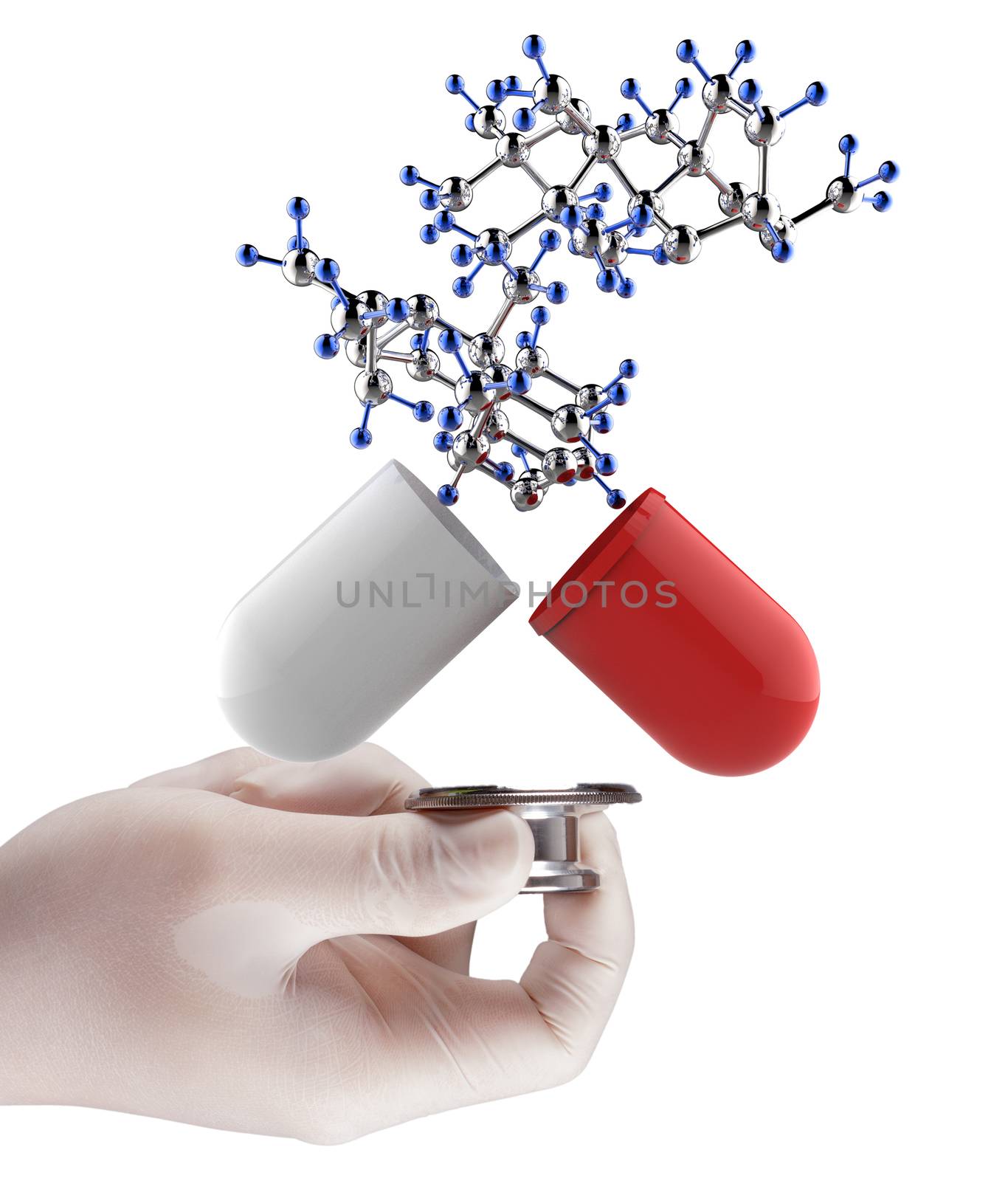 Stethoscope in hand with capsule pill and molecule by everythingpossible