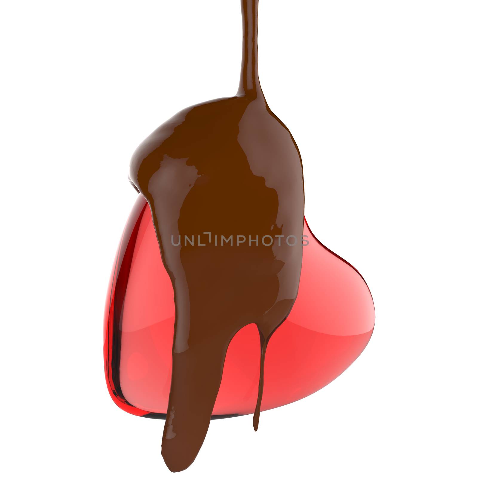 close up chocolate syrup leaking over heart shape symbol on white background