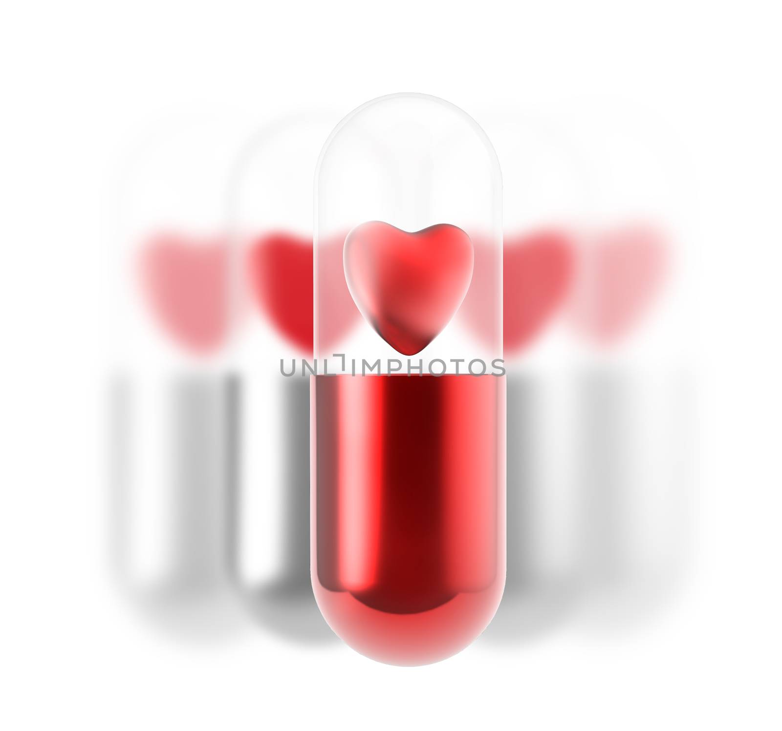 red heart pill inside capsule on white