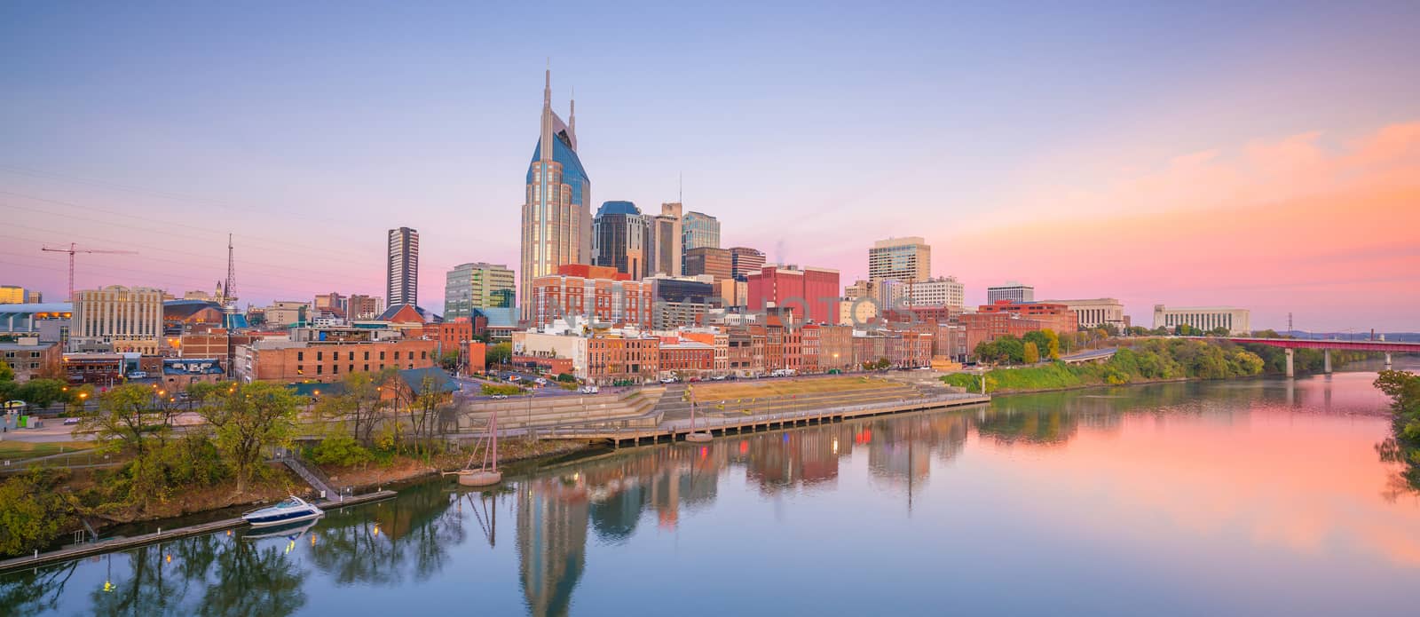 Nashville, Tennessee downtown skyline with Cumberland River in U by f11photo