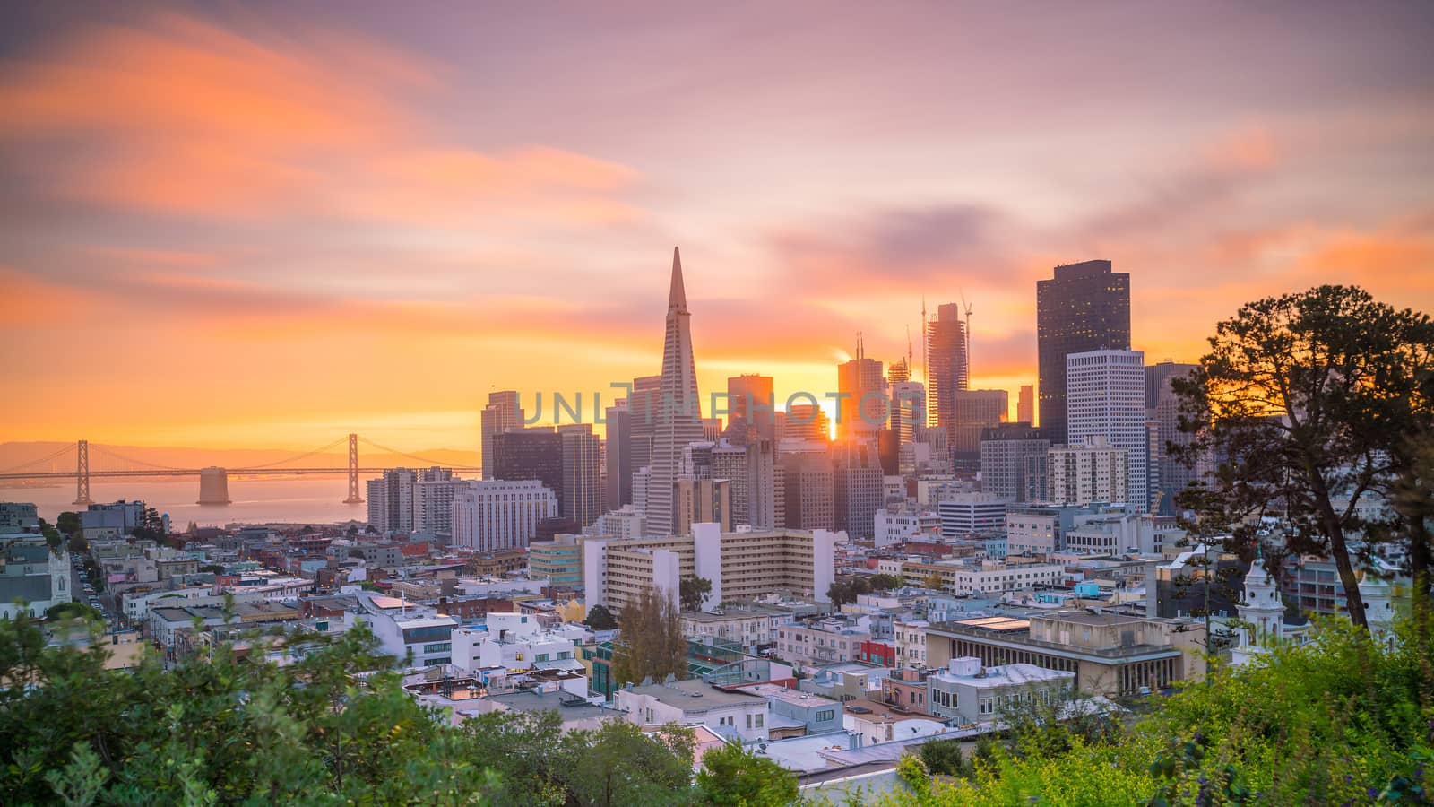 Beautiful view of business center in downtown San Francisco in USA at twilight