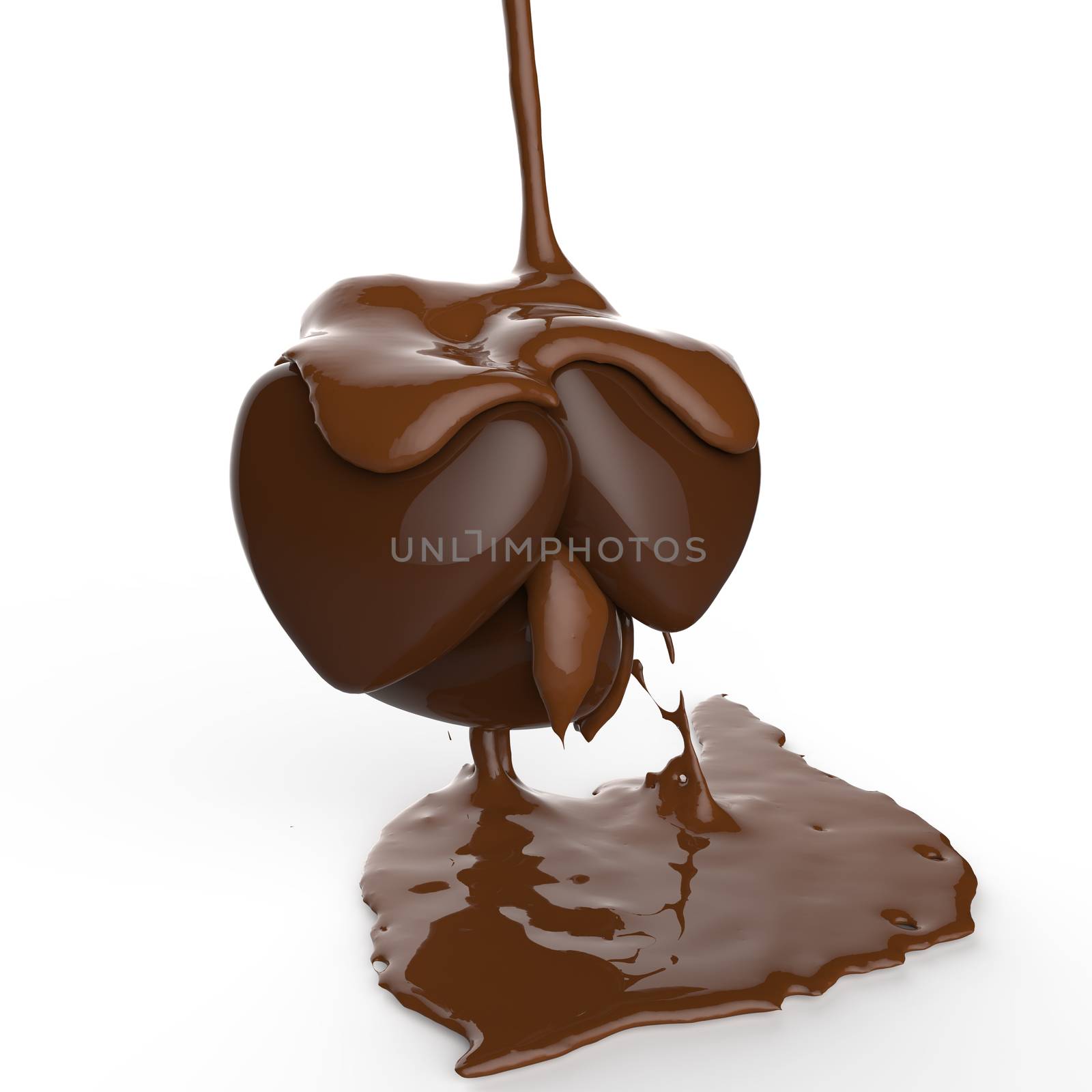 close up chocolate syrup leaking over heart shape symbol on white background