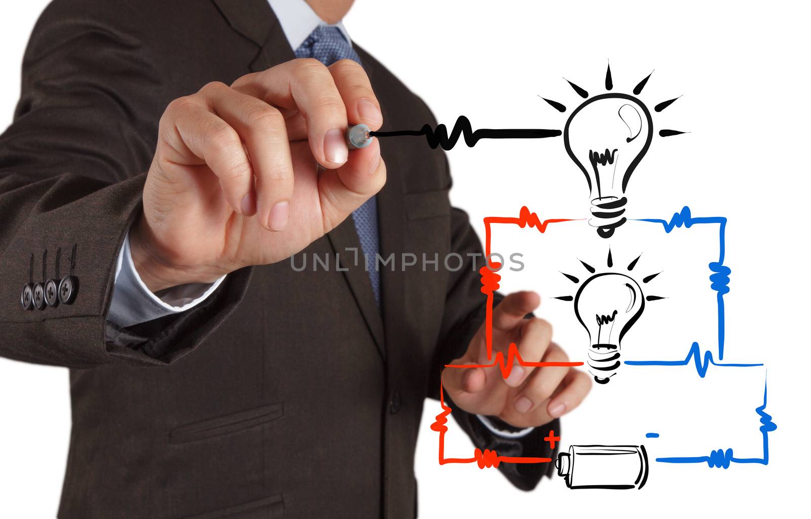 businessman hand draws electrical diagram series and parallel connection concept