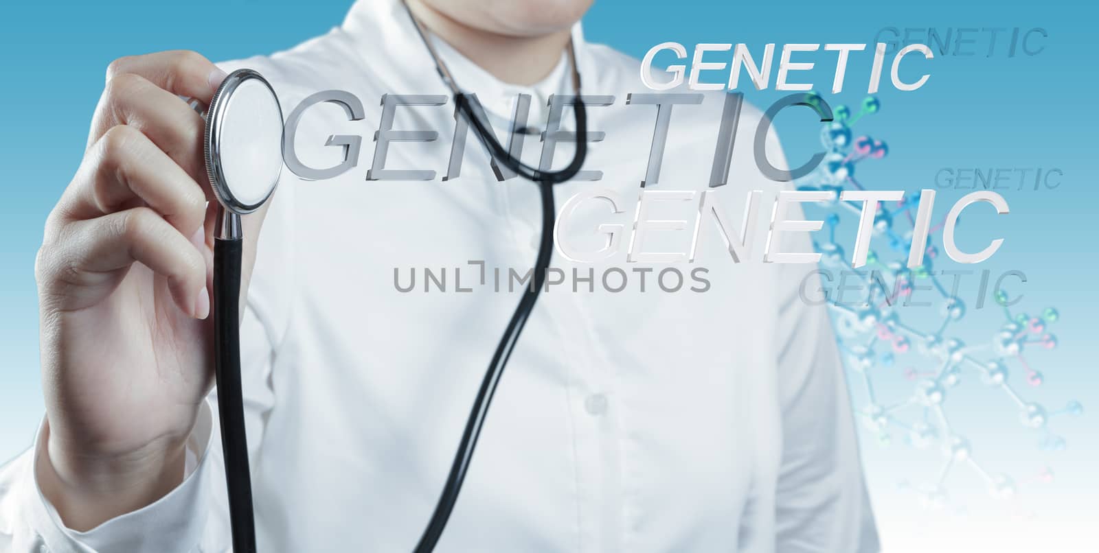 Doctor holds Stethoscope in hand with genetic word as medical concept