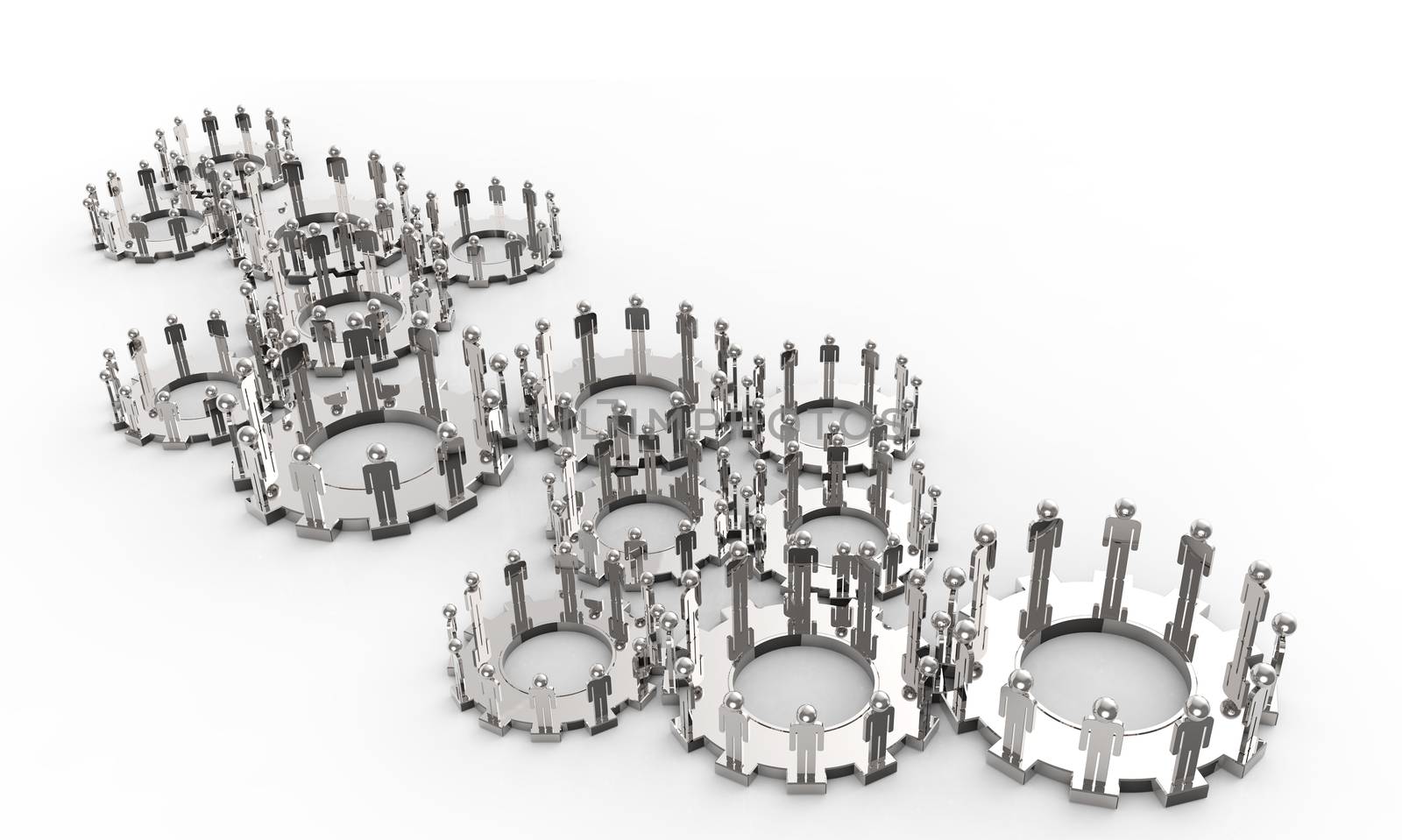 Model of 3d figures on connected cogs as industry concept