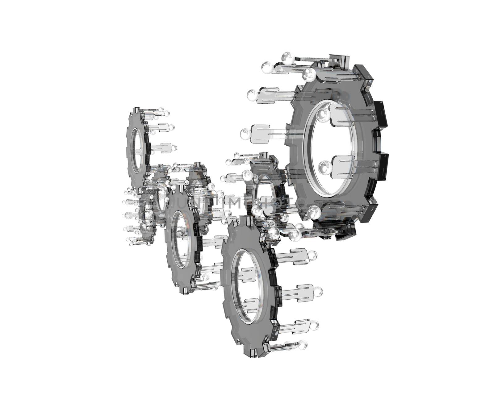 Model of 3d figures on connected cogs as industry concept