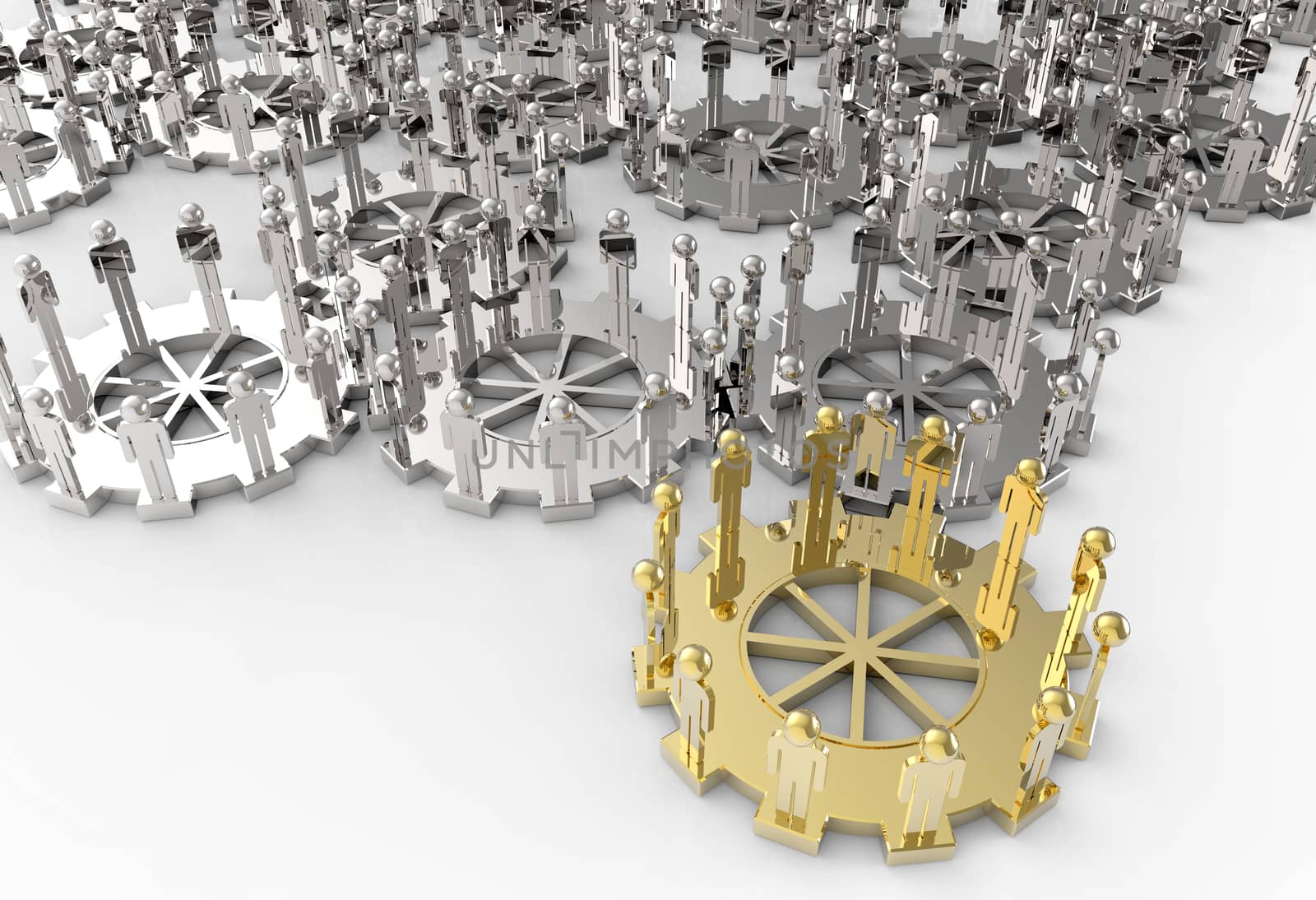 Model of 3d figures on connected cogs as leadership concept