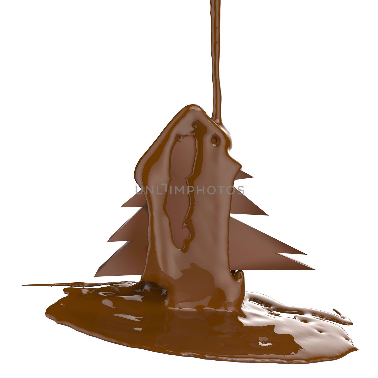 chocolate cocoa flow a christmas tree on white background