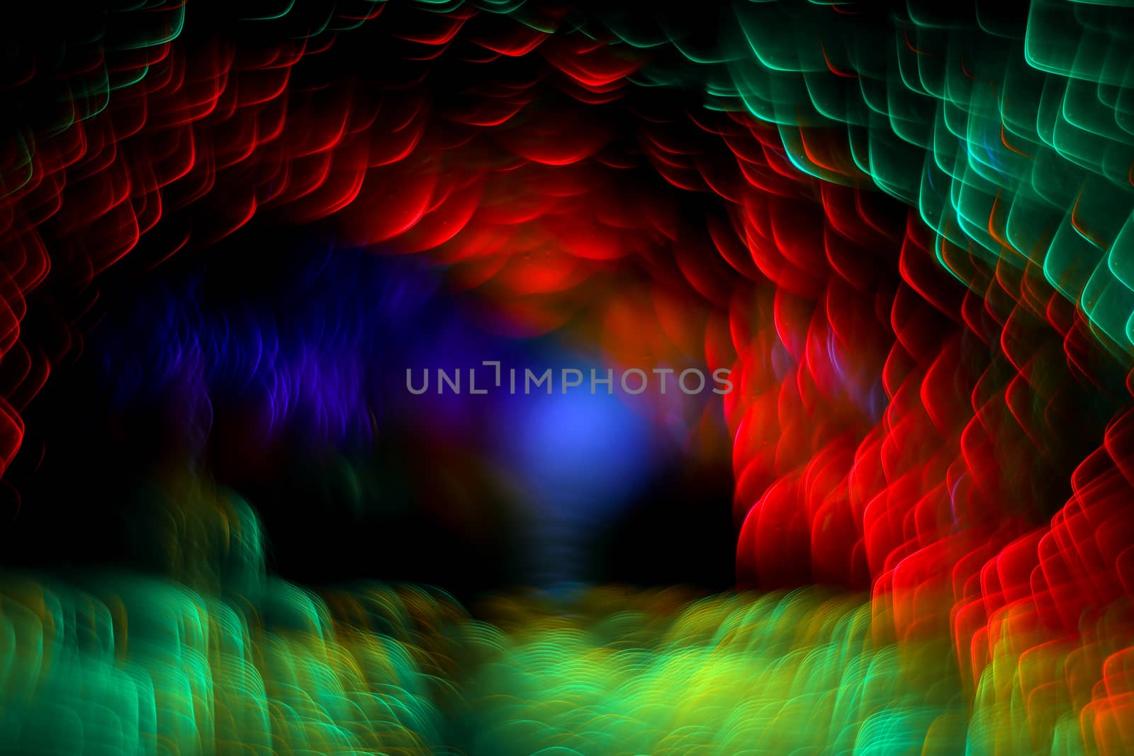 Multicolored special defocused background. Lush Lava, Phantom Blue with Aqua Menthe color light with special effect. Unique bokeh.