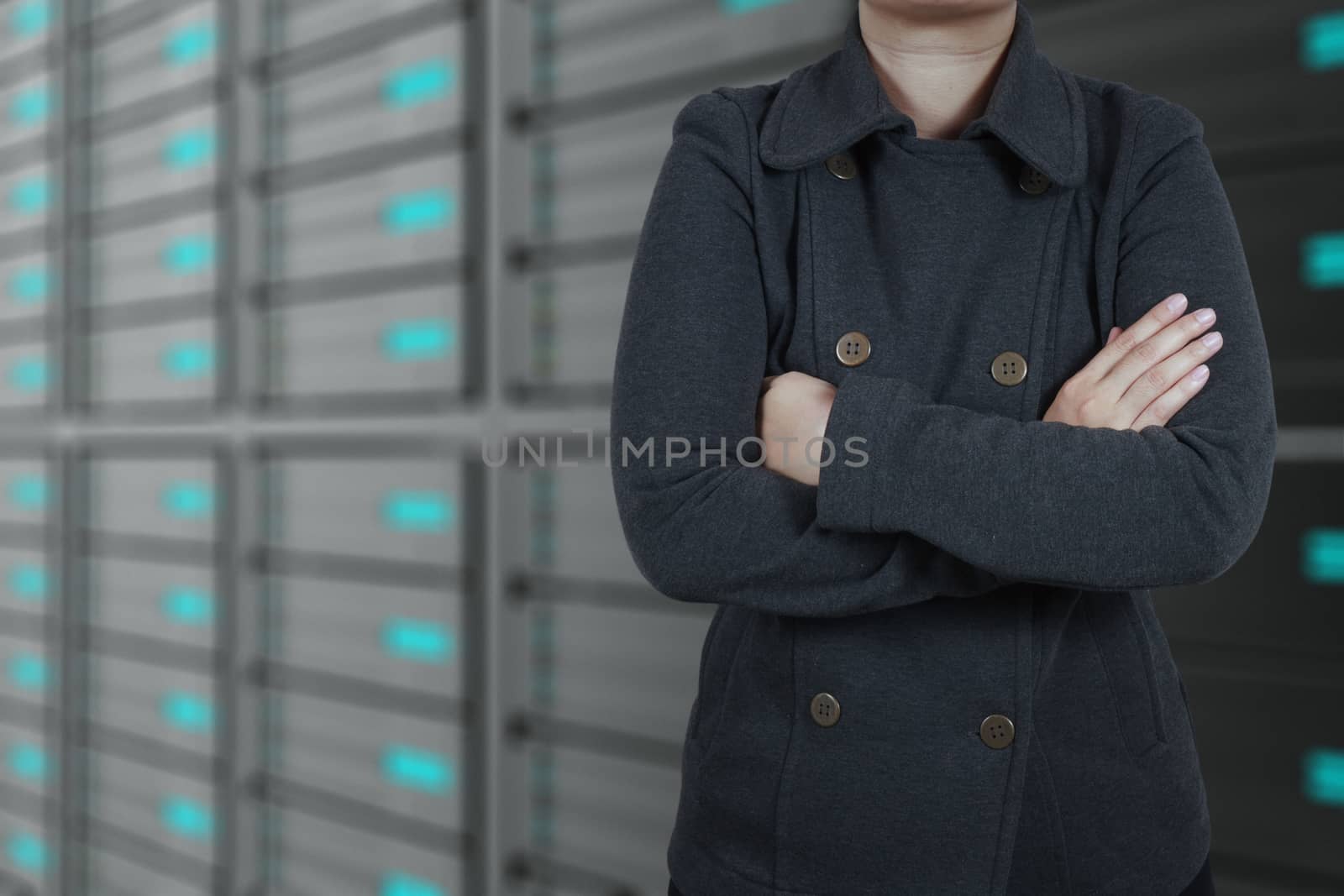 businesswoman hand touch a cloud network concept