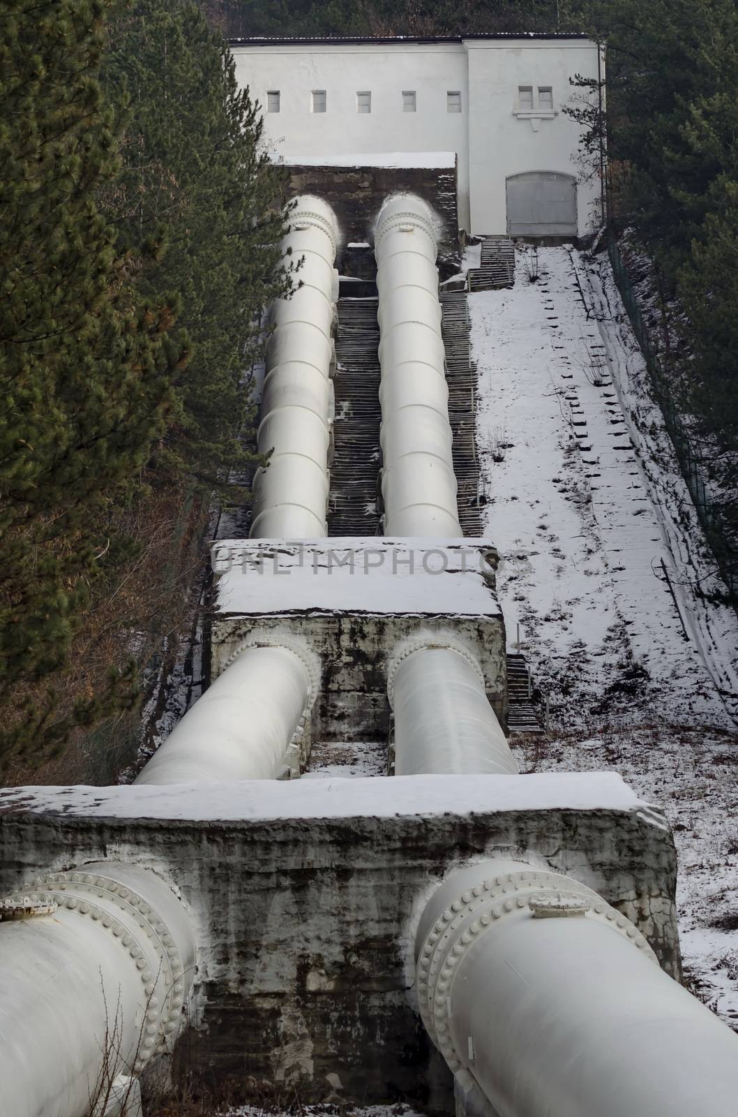 Water pipeline transporting water to an Hidro-Electric power station  in wintertime, Pancharevo, Bulgaria