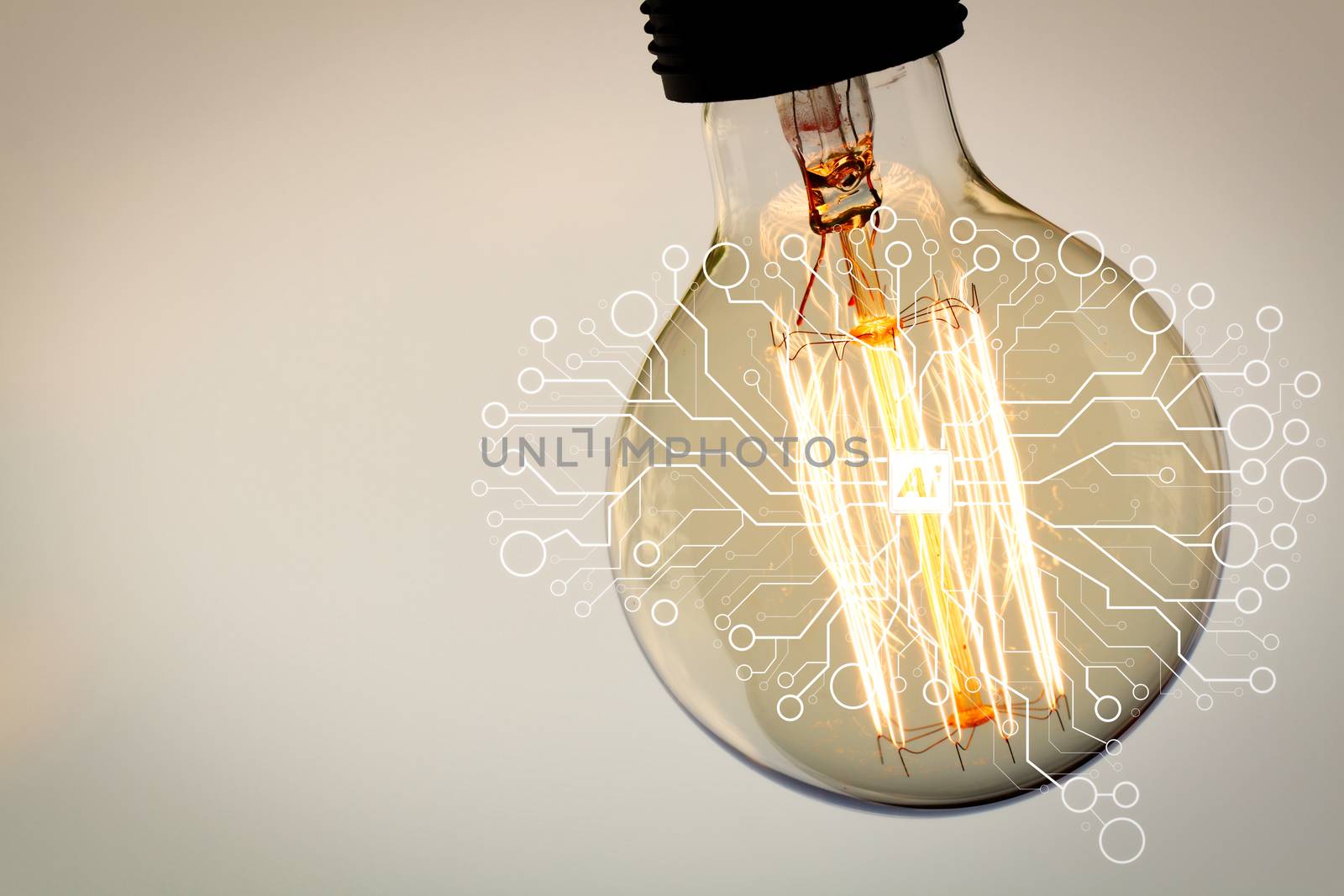 Artificial Intelligence (AI),machine learning with data mining technology on virtual dachboard.vintage light bulb with copy space as creative concept