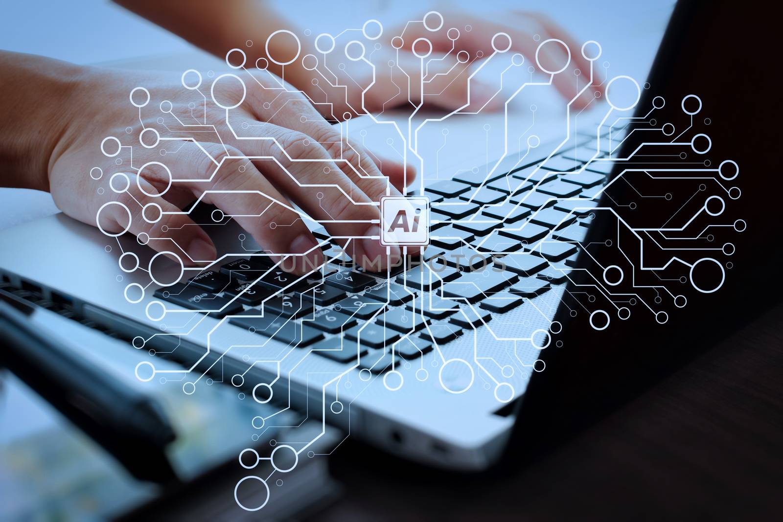 Artificial Intelligence (AI),machine learning with data mining technology on virtual dachboard.business man working on laptop computer on wooden desk as concept