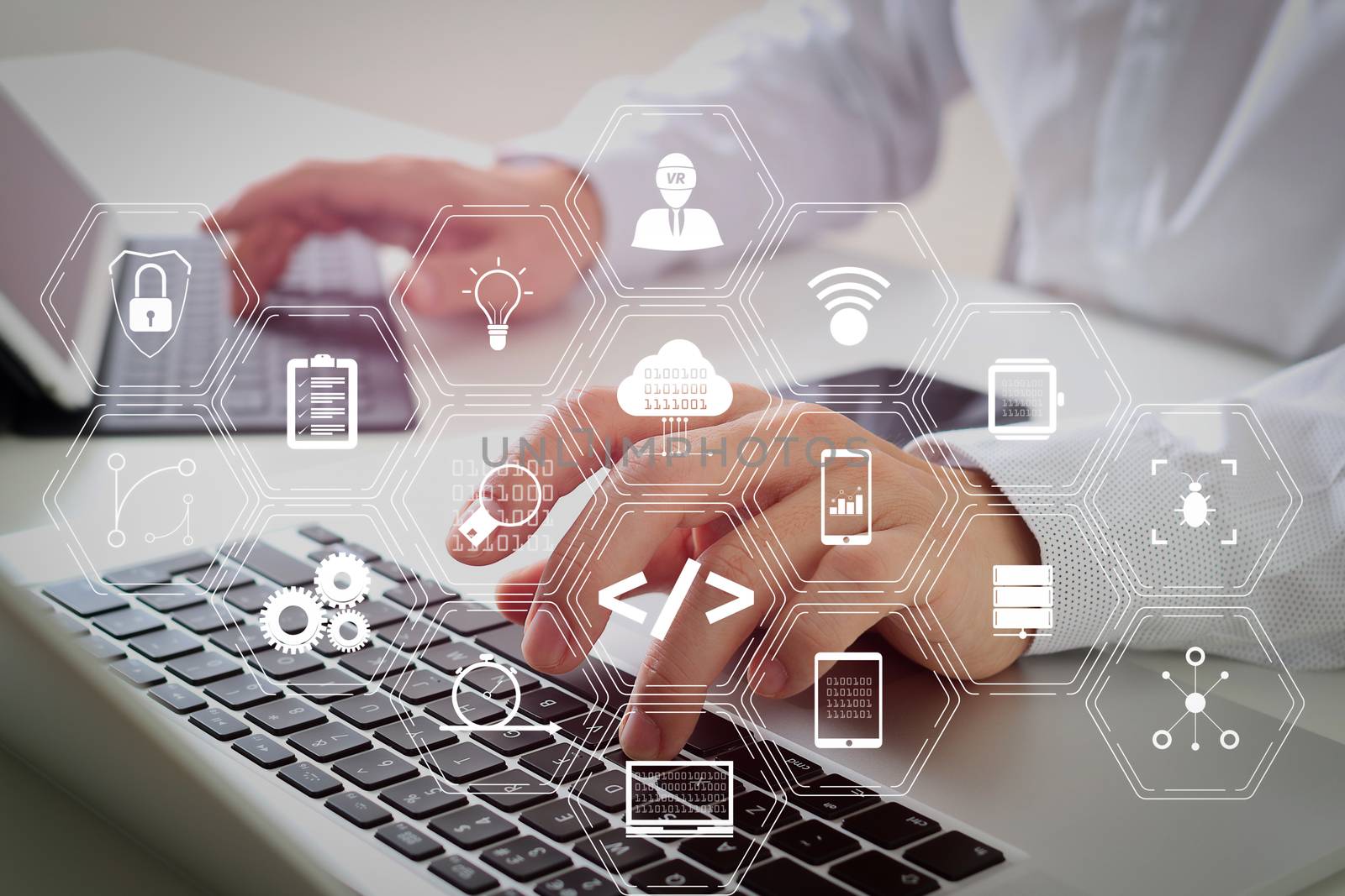 close up of businessman typing digital tablet with keyboard and  by everythingpossible