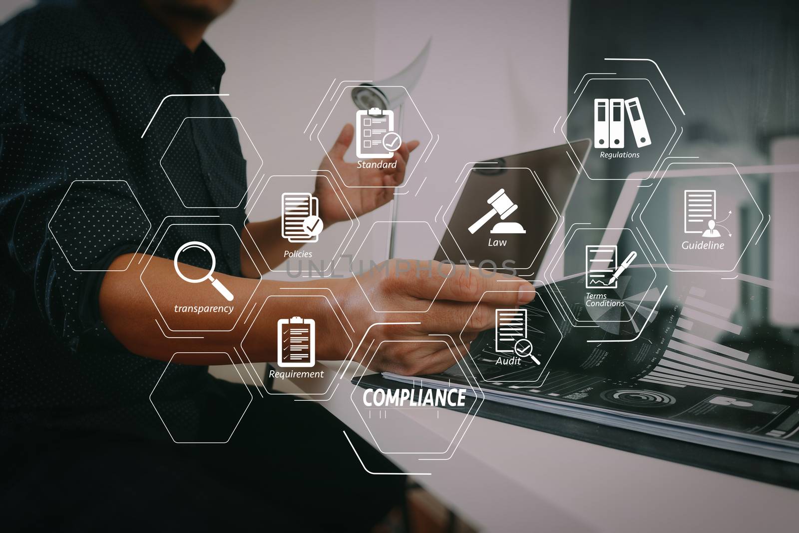 Compliance Virtual Diagram for regulations, law, standards, requirements and audit.businessman working with smart phone and digital tablet and laptop computer and document in modern office