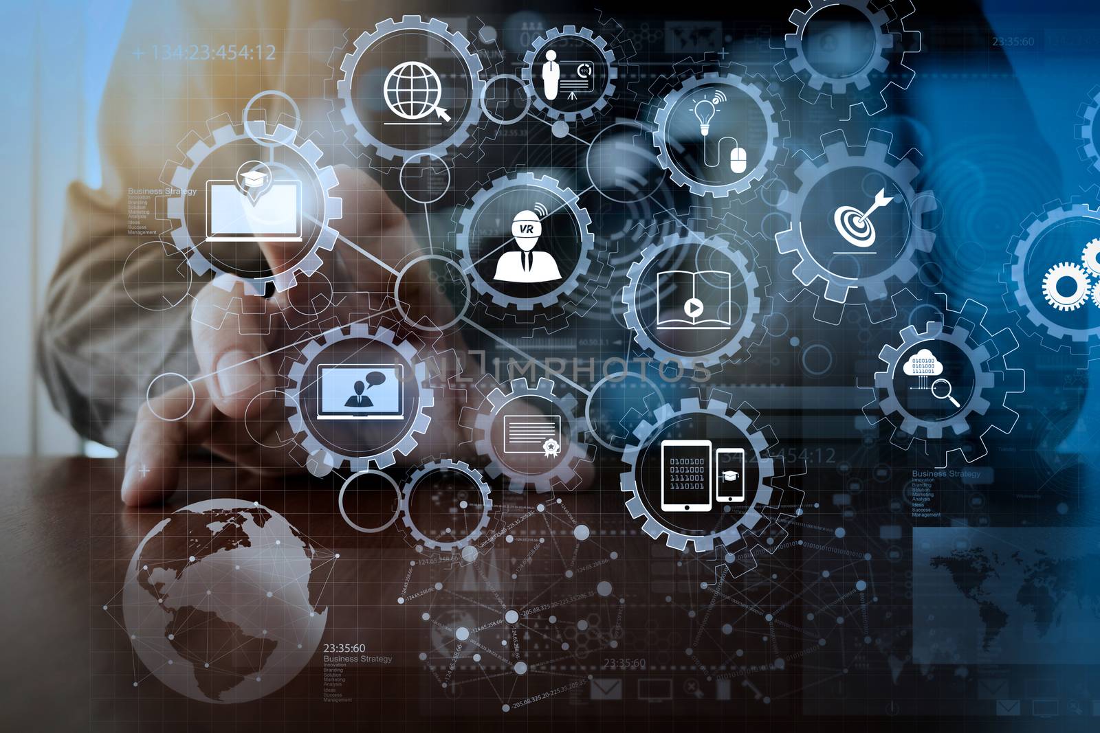 E-learning with connected gear cogs connected diagram virtual dashboard.businessman hand working with modern technology and digital layer effect as business strategy concept