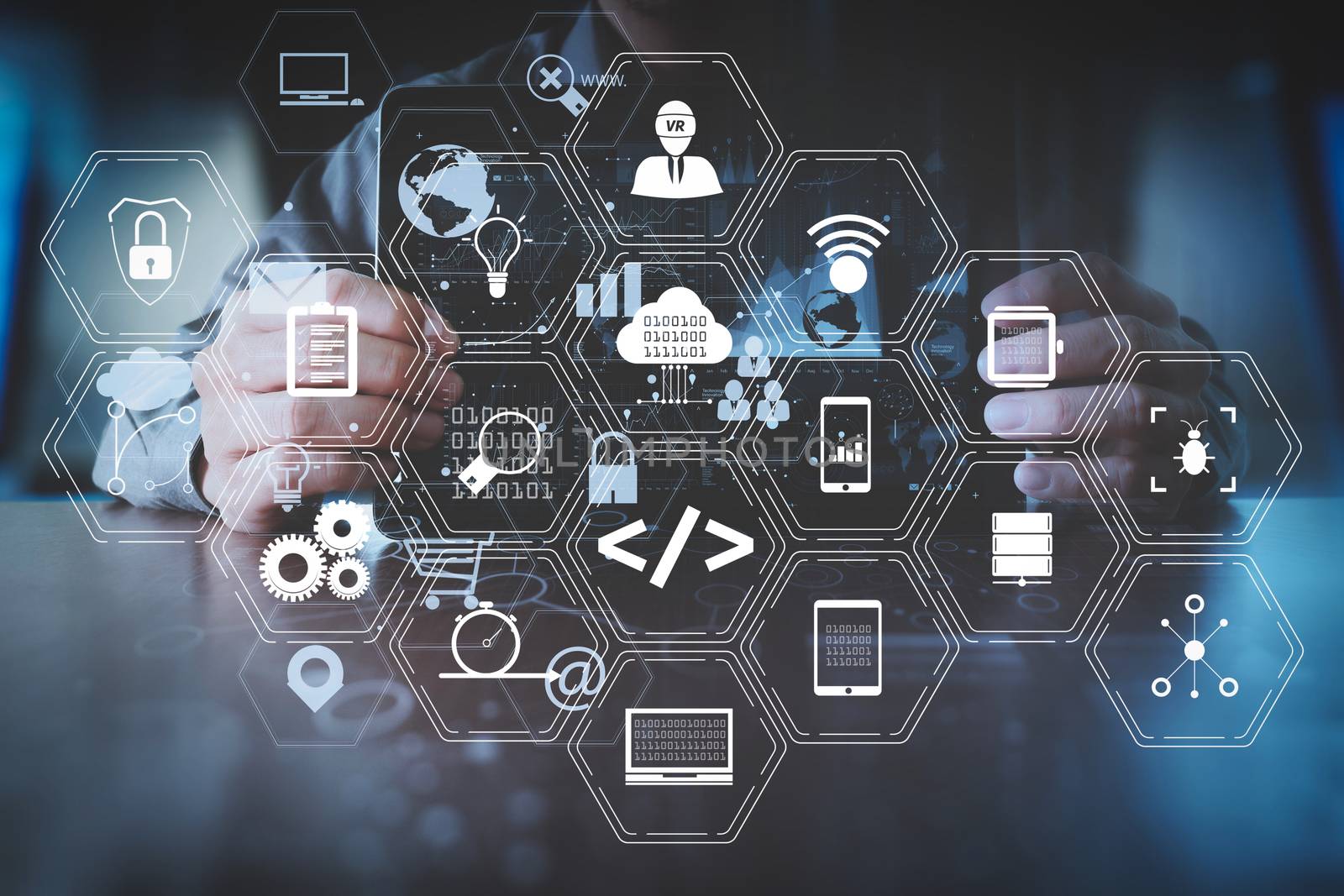 Coding software developer work with augmented reality dashboard computer icons of scrum agile development and code fork and versioning with responsive cybersecurity.businessman hand working with laptop computer.