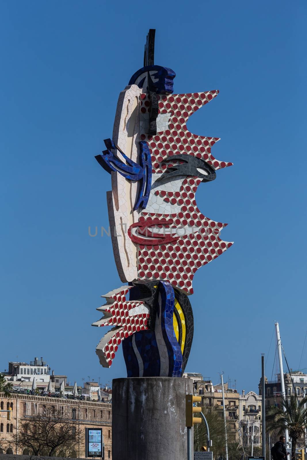 Pop art sculpture "El Cap de Barcelona", ​​Barcelona Head by artist Roy Lichtenstein, Barcelona, ​​Catalonia, Spain