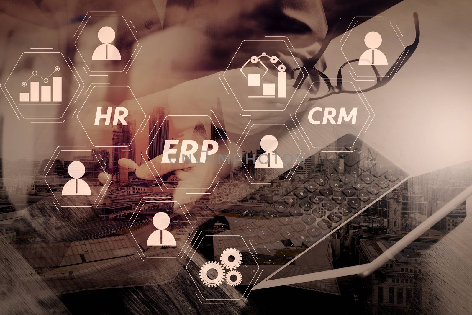 Architecture of ERP (Enterprise Resource Planning) system with connections between business intelligence (BI), production, CRM modules and HR diagram.businessman hand using smart phone,mobile payments online.